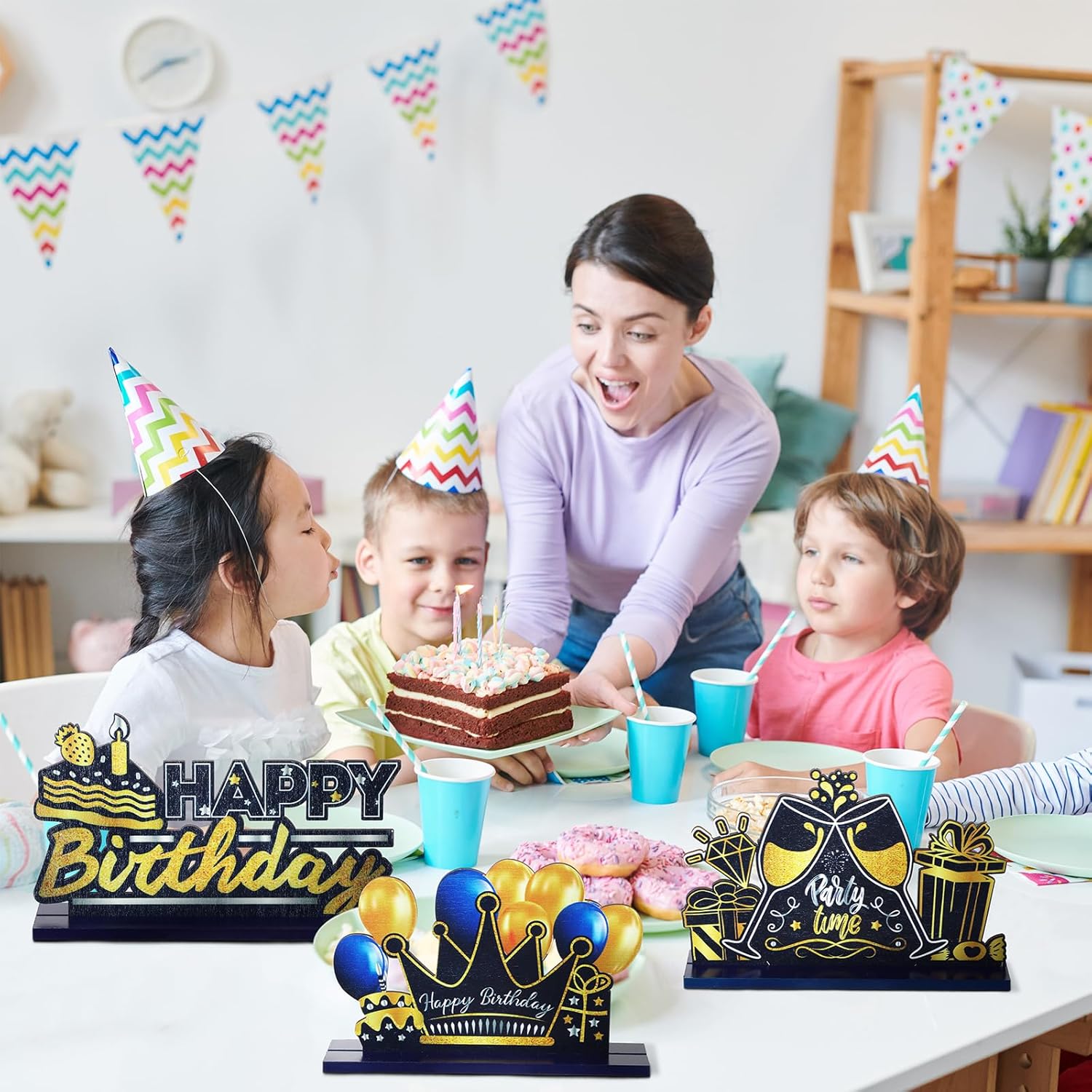Leinuosen 6 piezas de centro de mesa de feliz cumpleaños negro para decoración de cumpleaños para mujeres, hombres y niños, cumpleaños, baby shower,
