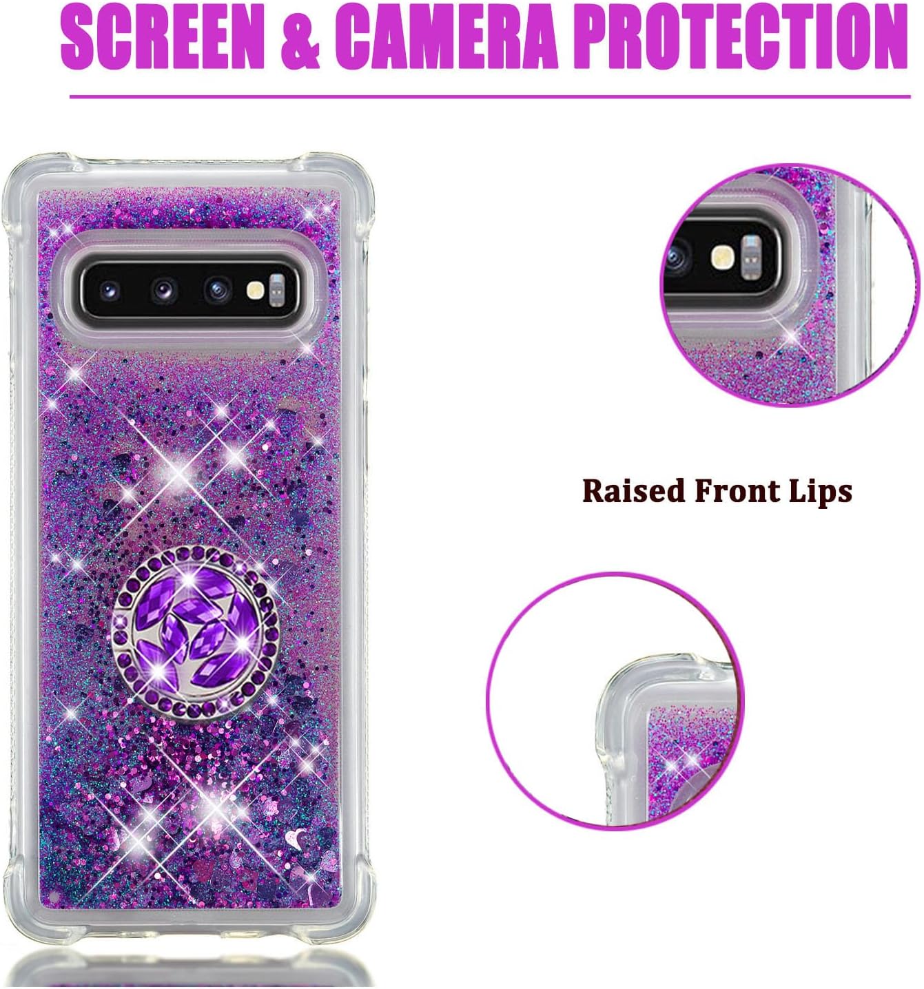 Asuwish Funda de teléfono para Samsung Galaxy S10 con protector de pantalla y soporte para anillo con purpurina líquida transparente, funda
