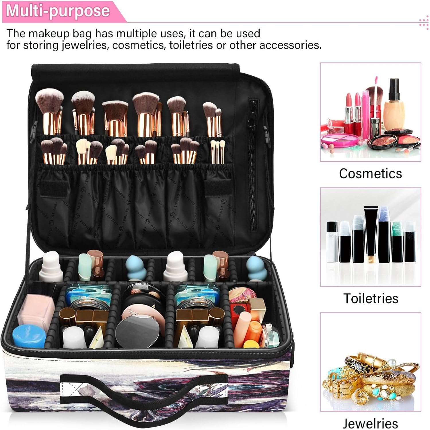 Skull Happy Halloween Evil Eye Bolsa de cosméticos negra de gran capacidad para artículos de tocador de viaje, bolsas de maquillaje para mujeres,