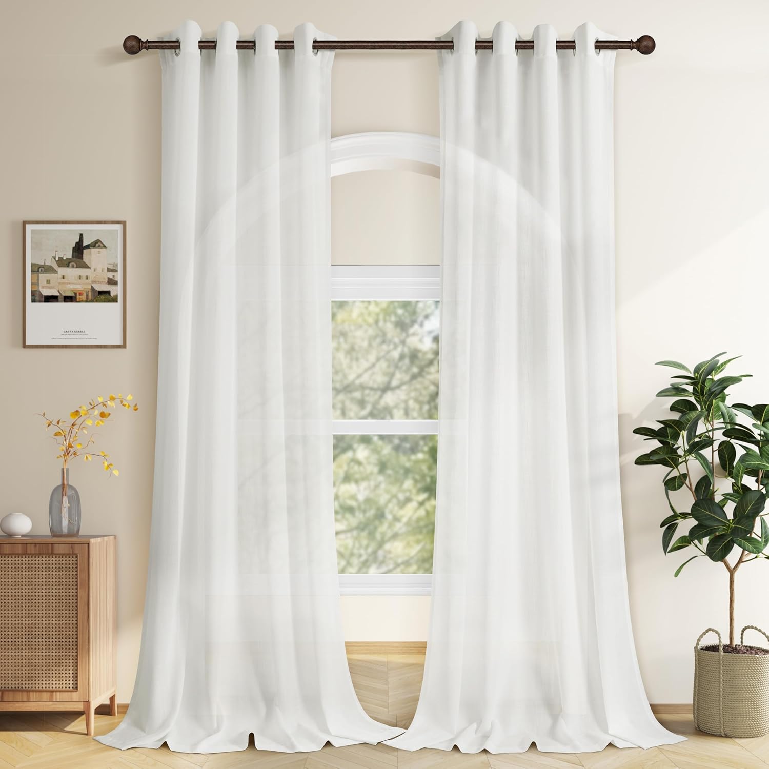 Cortinas de lino blanco roto de 84 pulgadas de largo, juego de 2 paneles de cortinas de lino semitransparentes con ojales para dormitorio, filtro de
