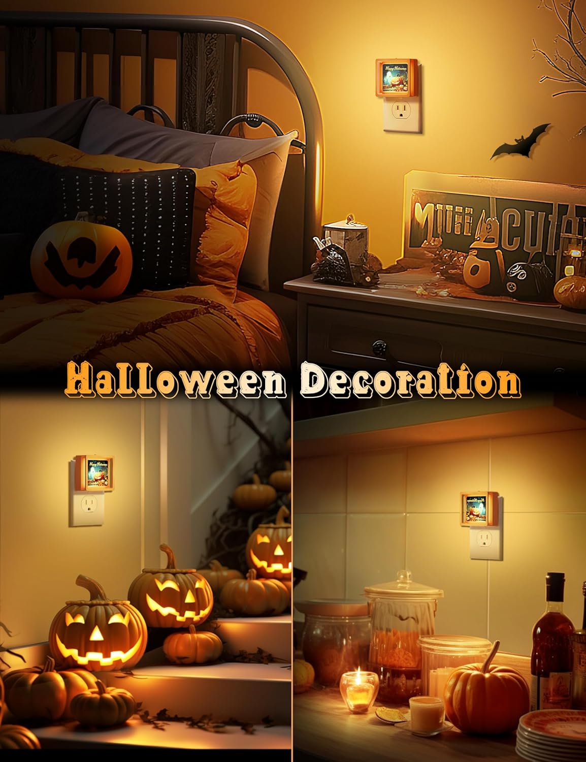 DORESshop Paquete de 2 luces nocturnas de Halloween, luz nocturna LED espeluznante, pintura de calabaza, brillo ajustable, encendido y apagado