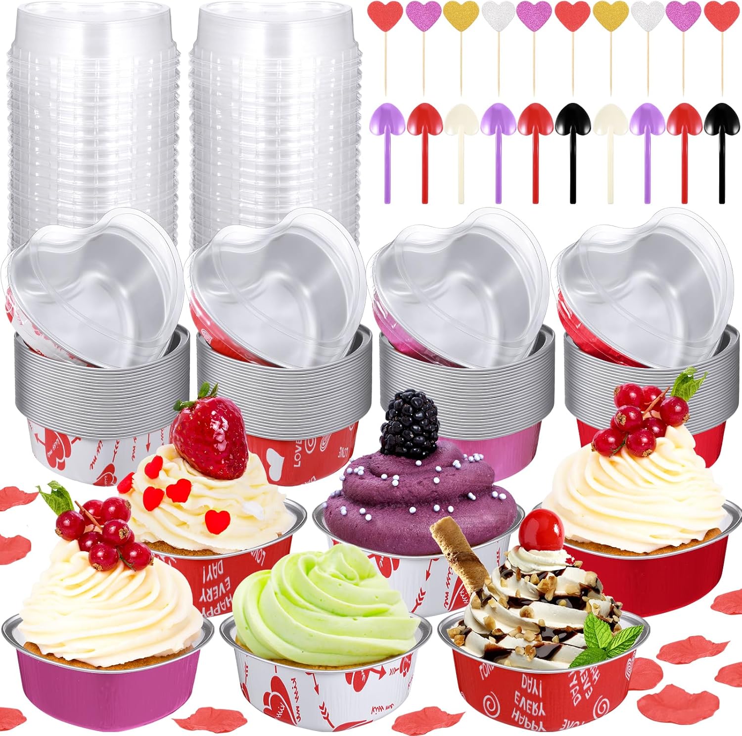 Paquete de 100 moldes para pasteles con forma de corazón de 3.4 onzas con tapas, de aluminio, para el Día de la Madre, para cupcakes, moldes para