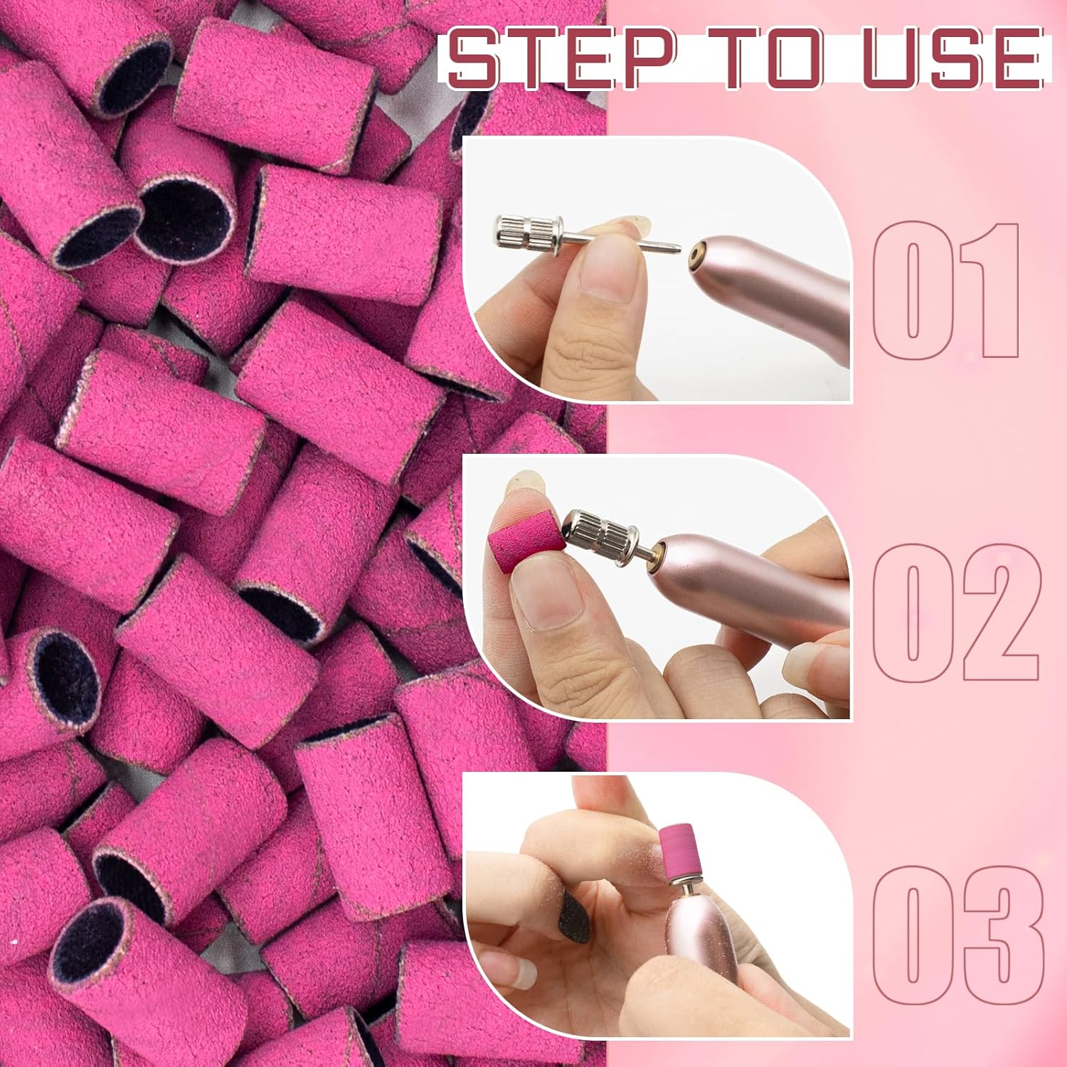 Bandas de lijado para uñas, banda de lijado de grano 180 para taladro de uñas, 200 bandas de lijado rosa de grano fino 180 con broca de lijado de