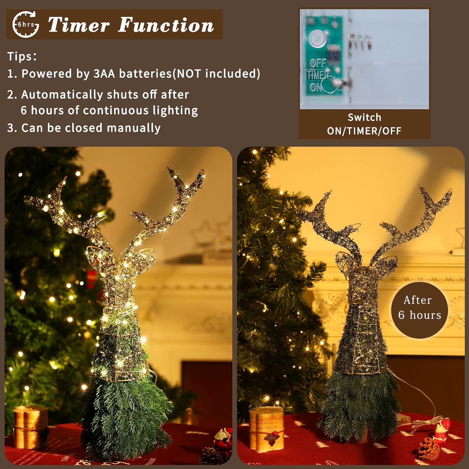 Shinowa Decoración para árbol de Navidad, decoración de árbol de ciervo, funciona con pilas, decoración de árbol de Navidad con temporizador de 6