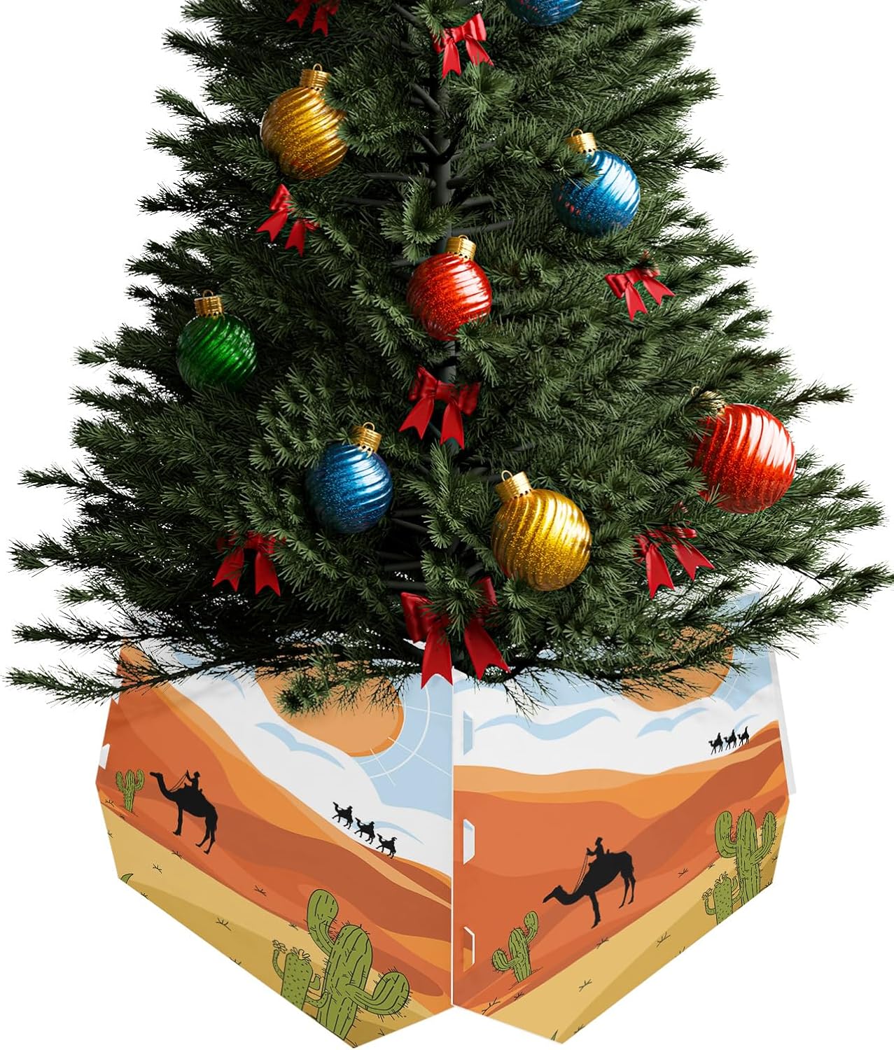 Christmas Tree Collar 4PCS-14.5″x 10″, Christmas Tree Ring Cartoon Cactus and Camel Under The Clouds Blue Christmas Tree Stands Skirts Base Covers