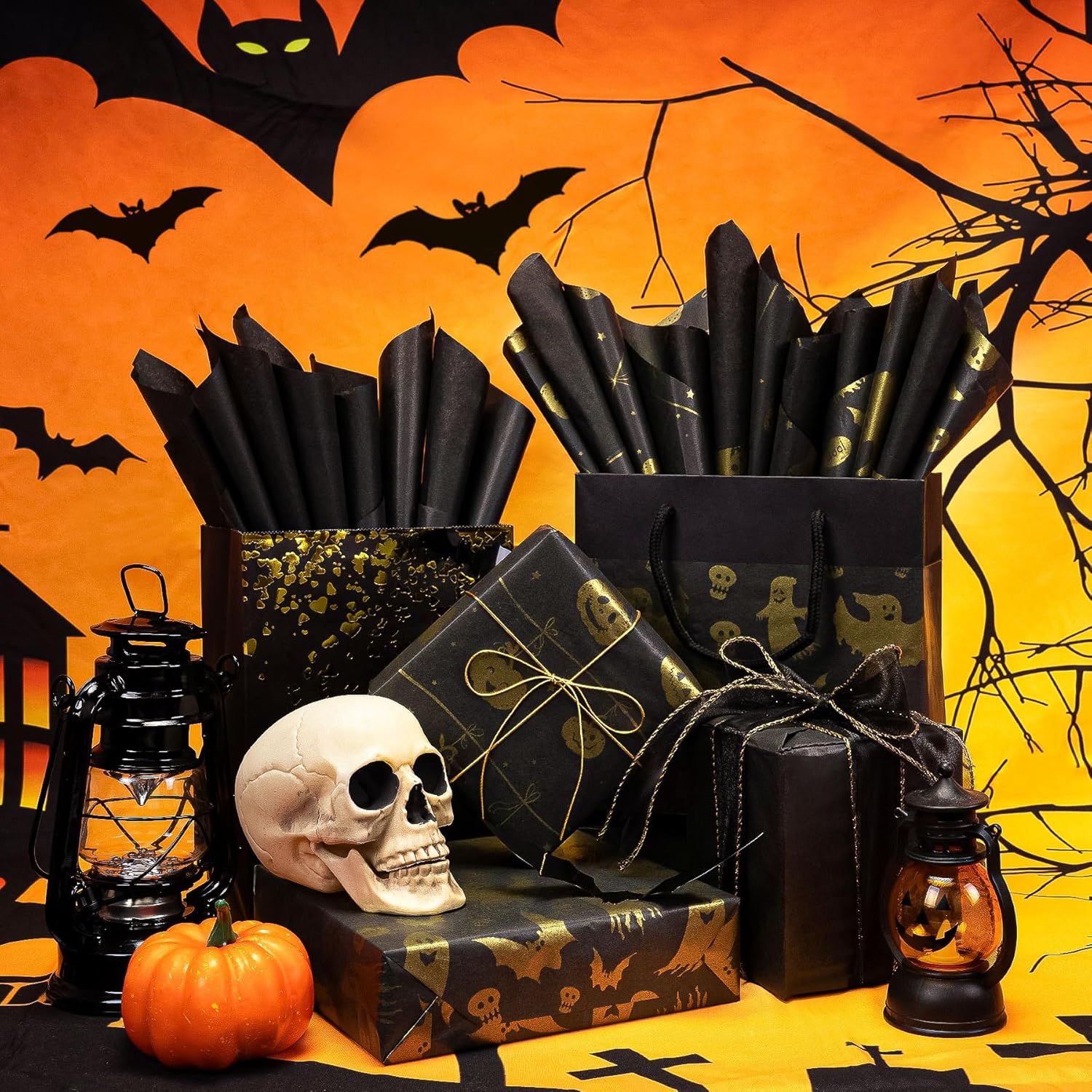 Larcenciel Papel de seda de Halloween, 60 hojas de papel de seda metálico de calabaza fantasma para bolsas de regalo y envoltura de regalos,