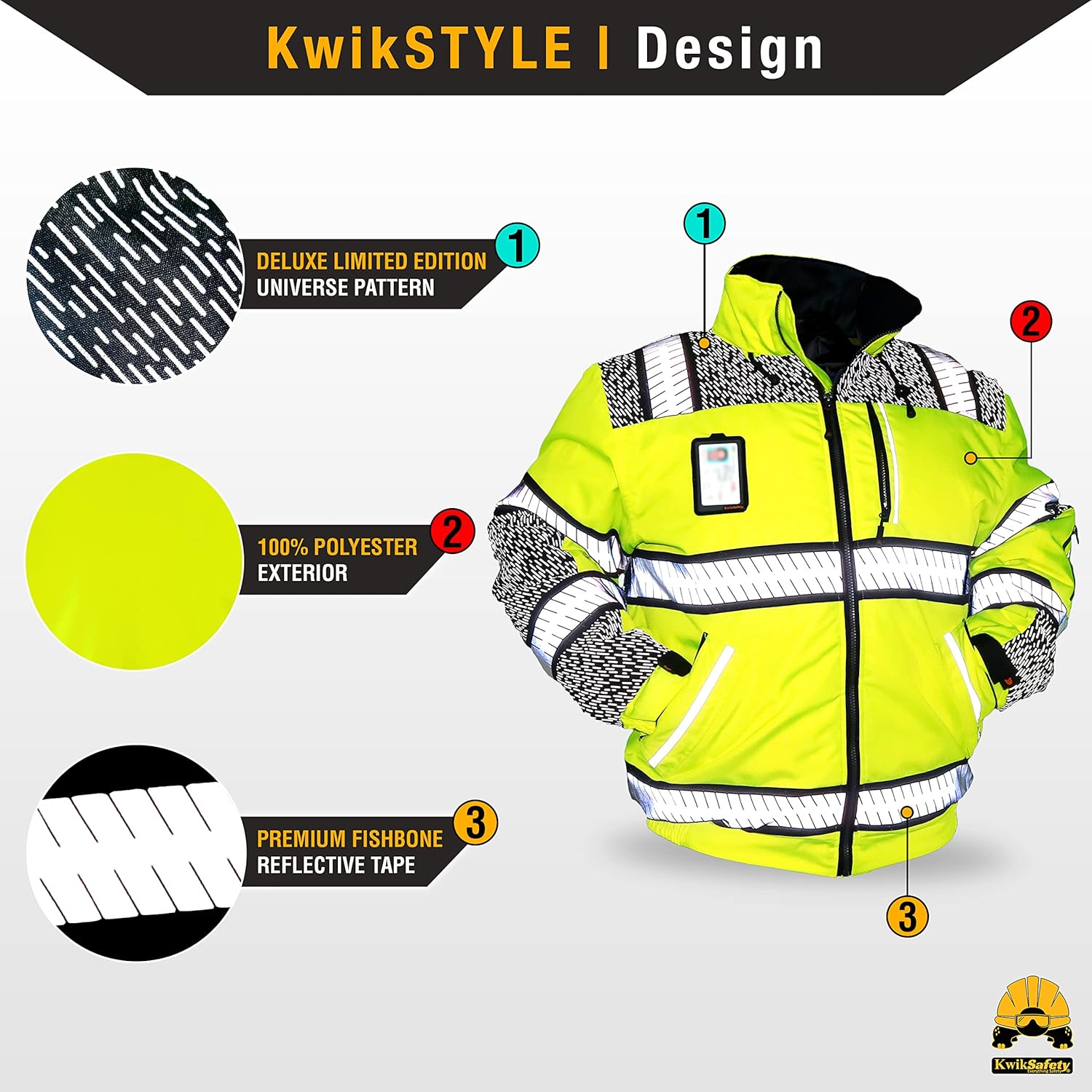KwikSafety Chaqueta de seguridad ENFORCER, UNIVERSE & MARSHAL bolsillo para identificación y capucha plegable Clase 3 Probado por ANSI Cumple con