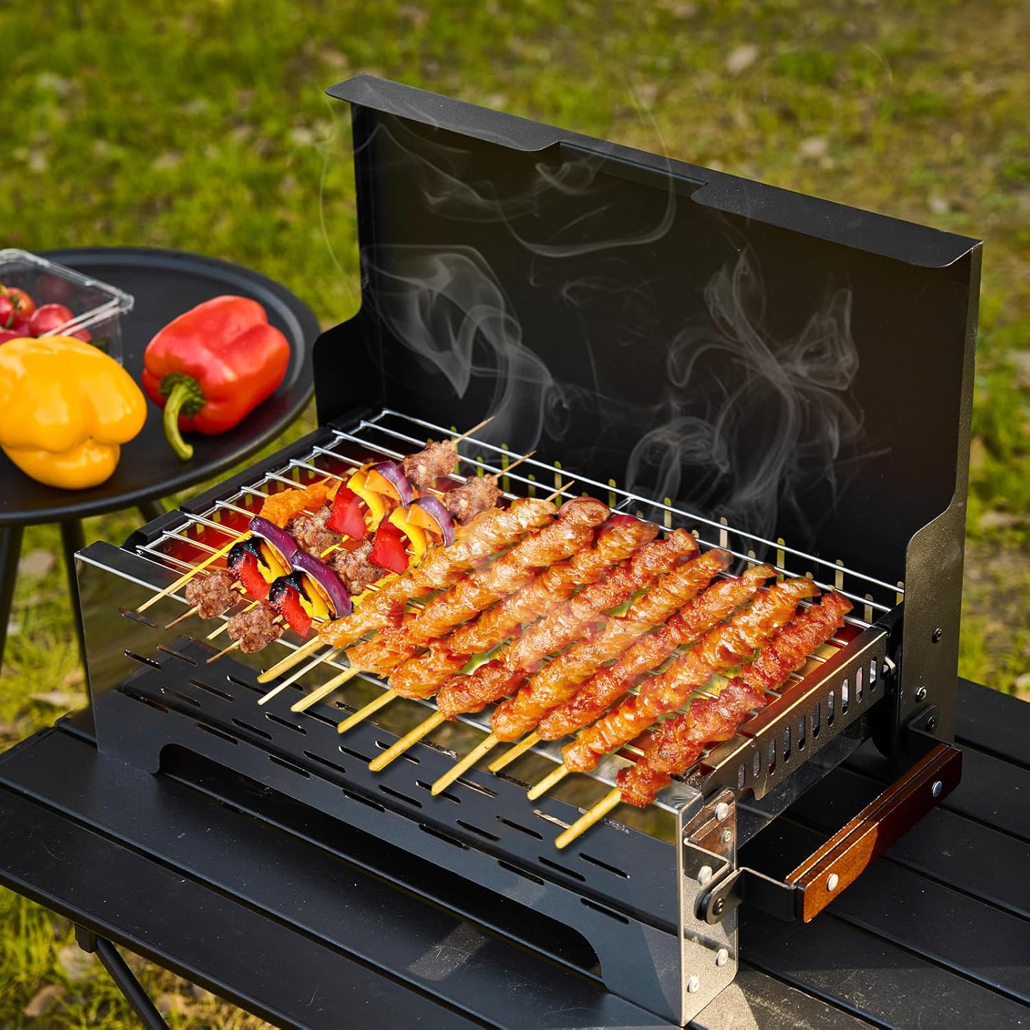 AUXTUR Parrilla de carbón portátil plegable, escritorio de barbacoa, mesa para ahumar al aire libre, acero inoxidable, barbacoa, portátil, ligera,