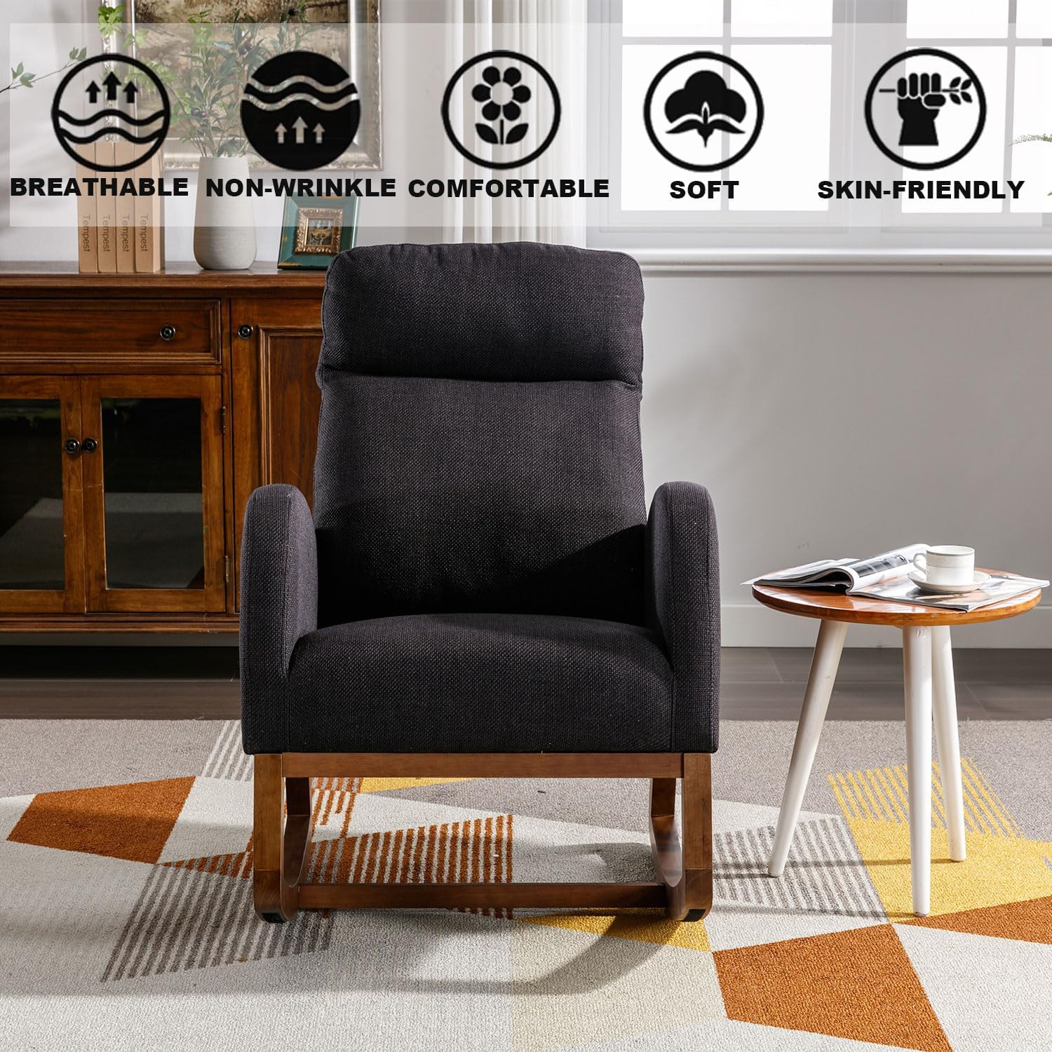 Mecedora moderna, silla mecedora tapizada para bebé, cómoda silla con bolsillo lateral, sillón para sala de estar, respaldo alto con diseño en forma