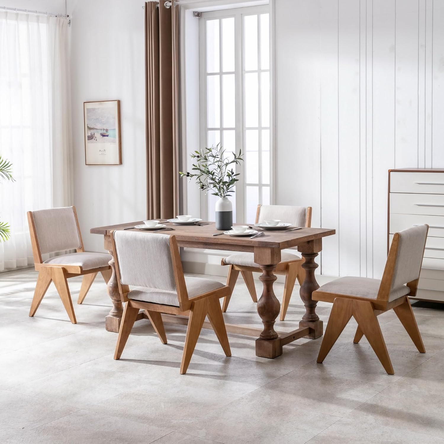 BESTANO Juego de 2 sillas de comedor tapizadas de lino con patas de madera, modernas sillas de comedor acolchadas de mediados de siglo para cocina