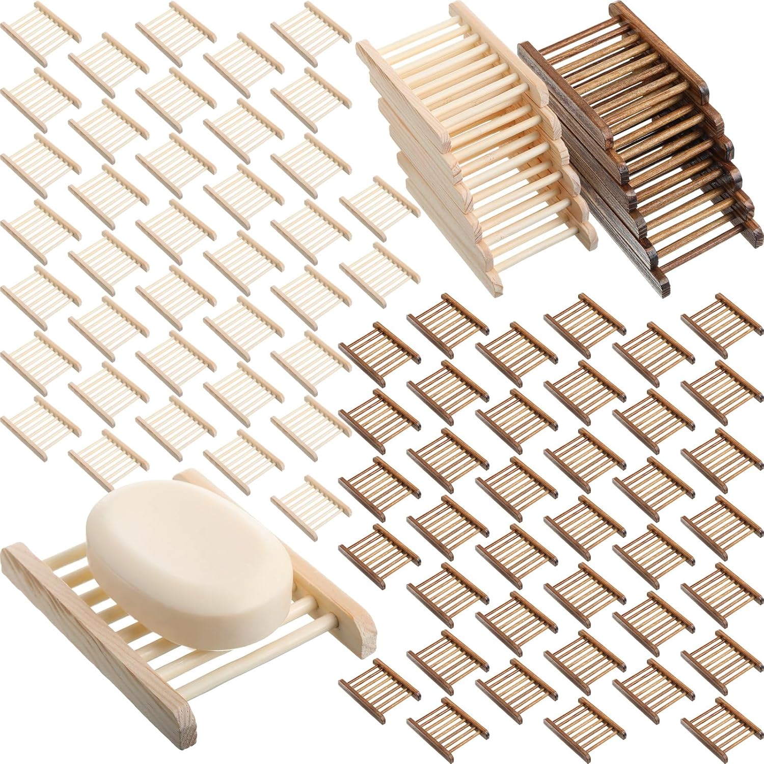 Rtteri Jabonera de madera de bambú para baño, soporte de jabón de madera hecho a mano, accesorios para el hogar, baño, cocina, esponja (100 piezas)