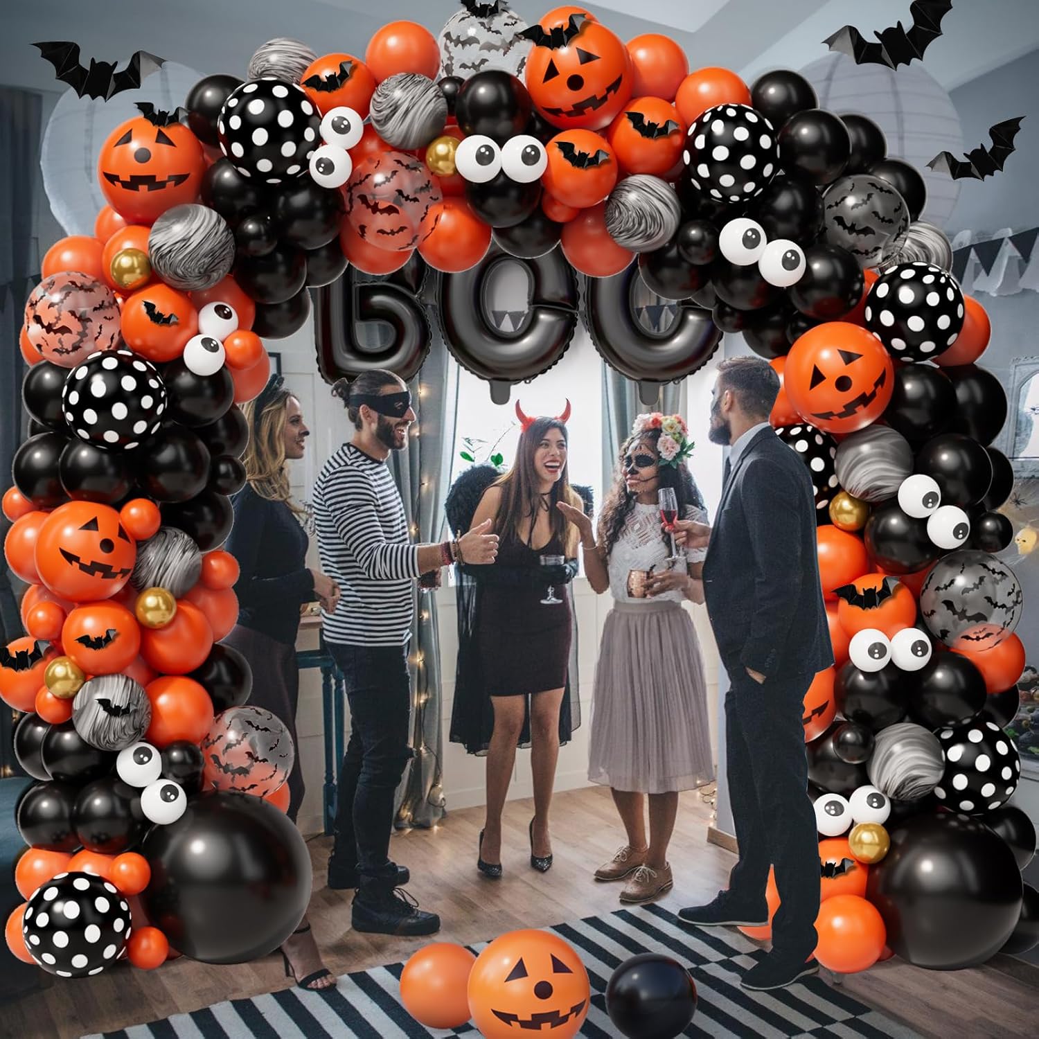 AobkDeco Kit de arco de globos de Halloween de 141 unidades, globos de ojos negros, naranjas y dorados, globos de Halloween con globos BOO,
