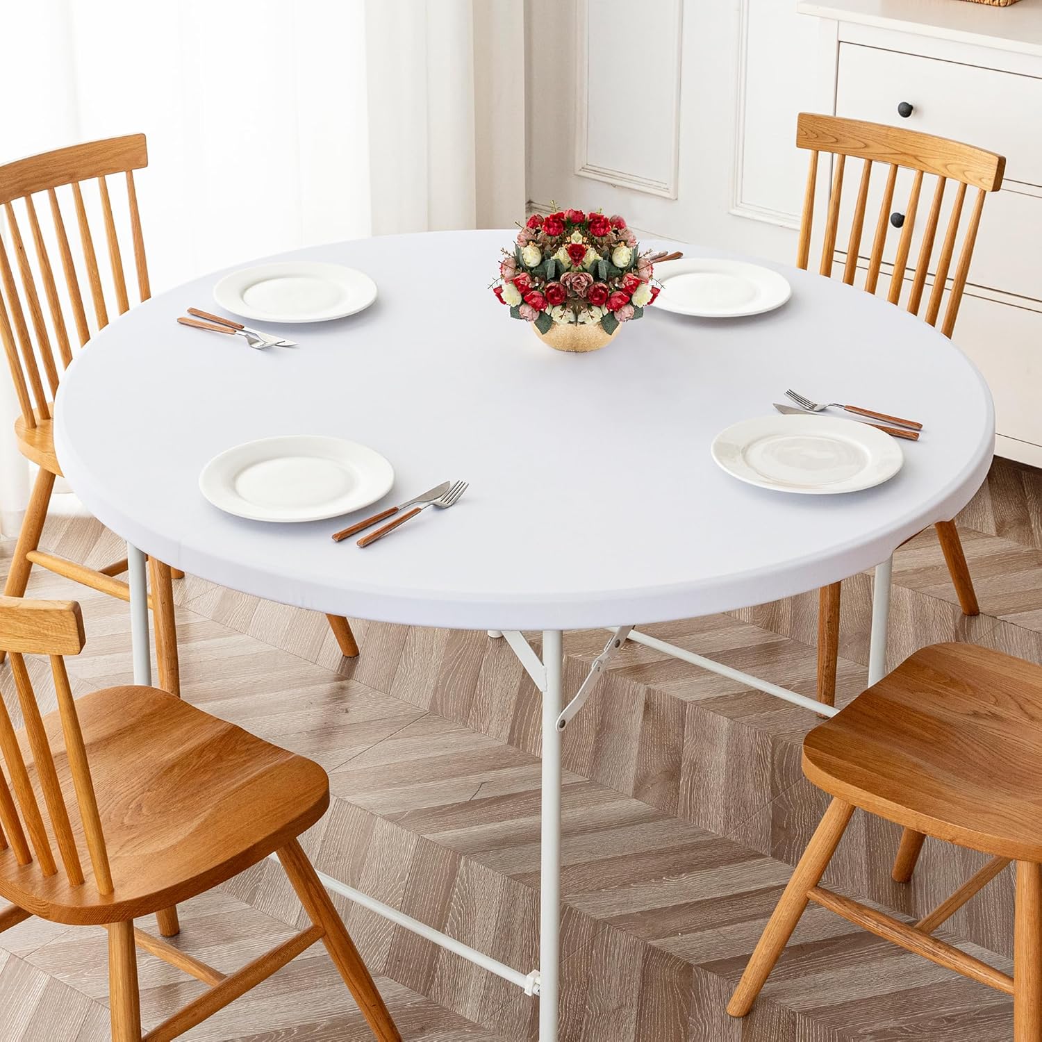 Mantel ajustable blanco para mesas redondas, paquete de 2 manteles elásticos reversibles, impermeable, resistente a las manchas, para uso en