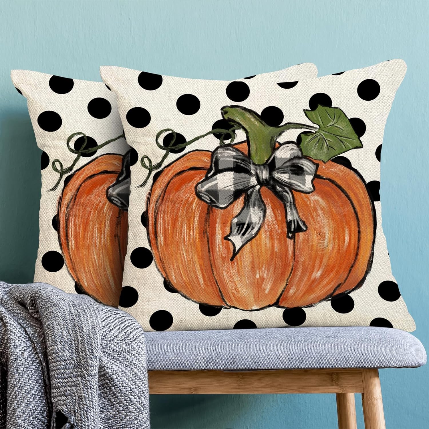 Gohdiwh Juego de 2 fundas de almohada decorativas de otoño de 16 x 16 pulgadas, diseño de calabaza naranja de lunares, fundas decorativas de lino
