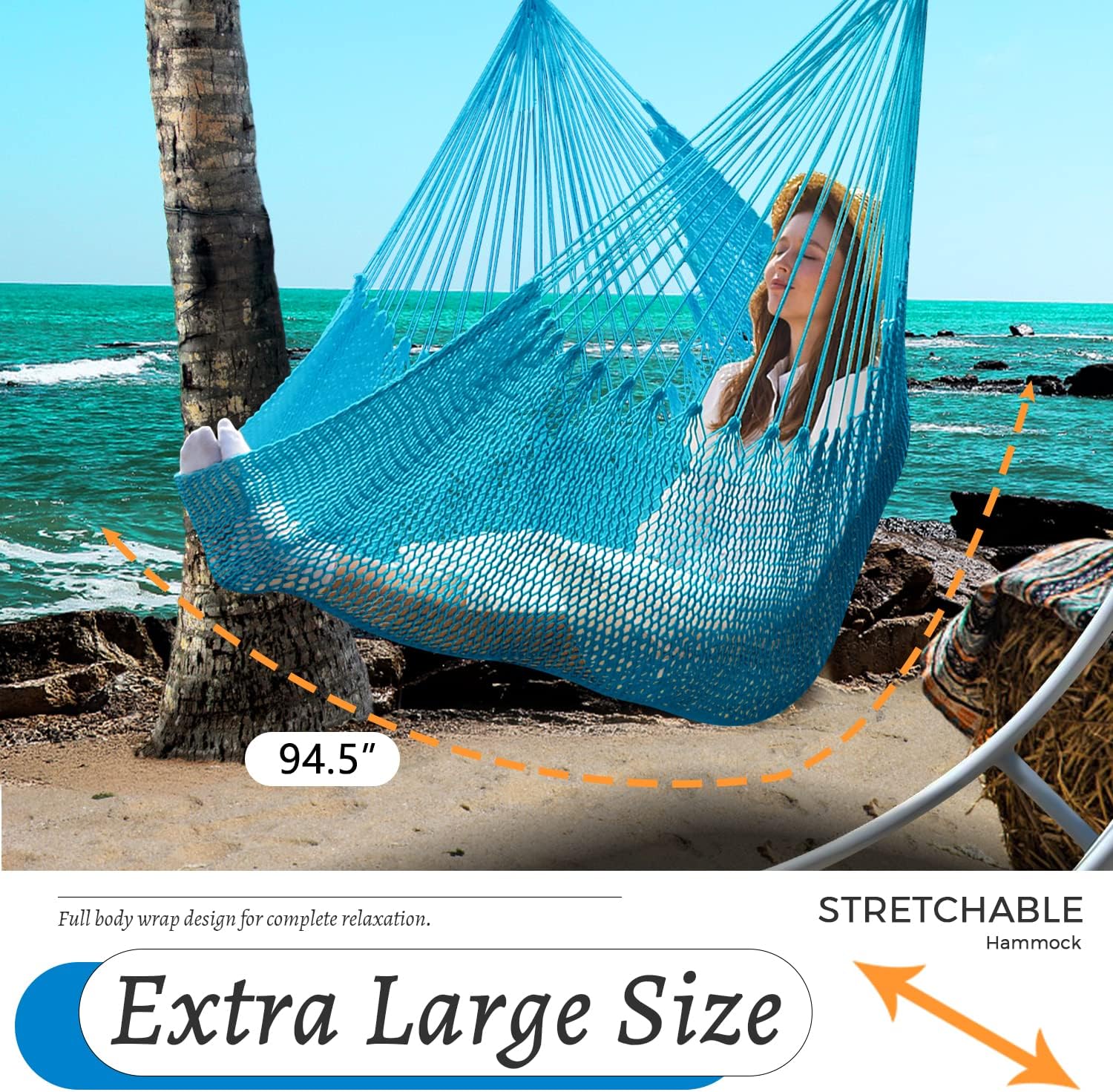 Silla hamaca caribeña mejorada con barra de metal desmontable, hamaca grande, silla colgante de cuerda XL para interiores y exteriores, capacidad de