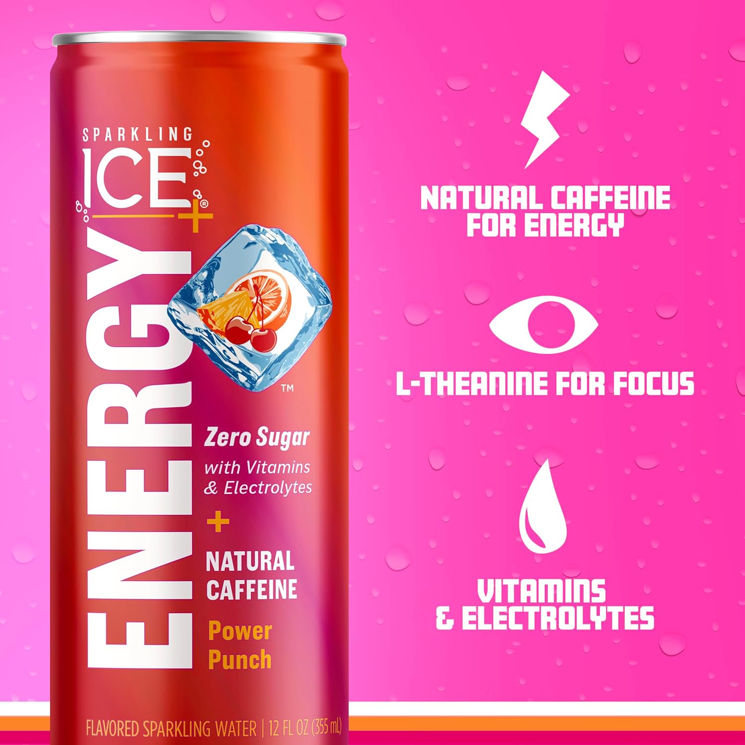 Sparkling Ice +ENERGY Power Punch Agua con gas. Bebidas energéticas con vitaminas y electrolitos, cero azúcar, latas de 12 onzas líquidas (paquete