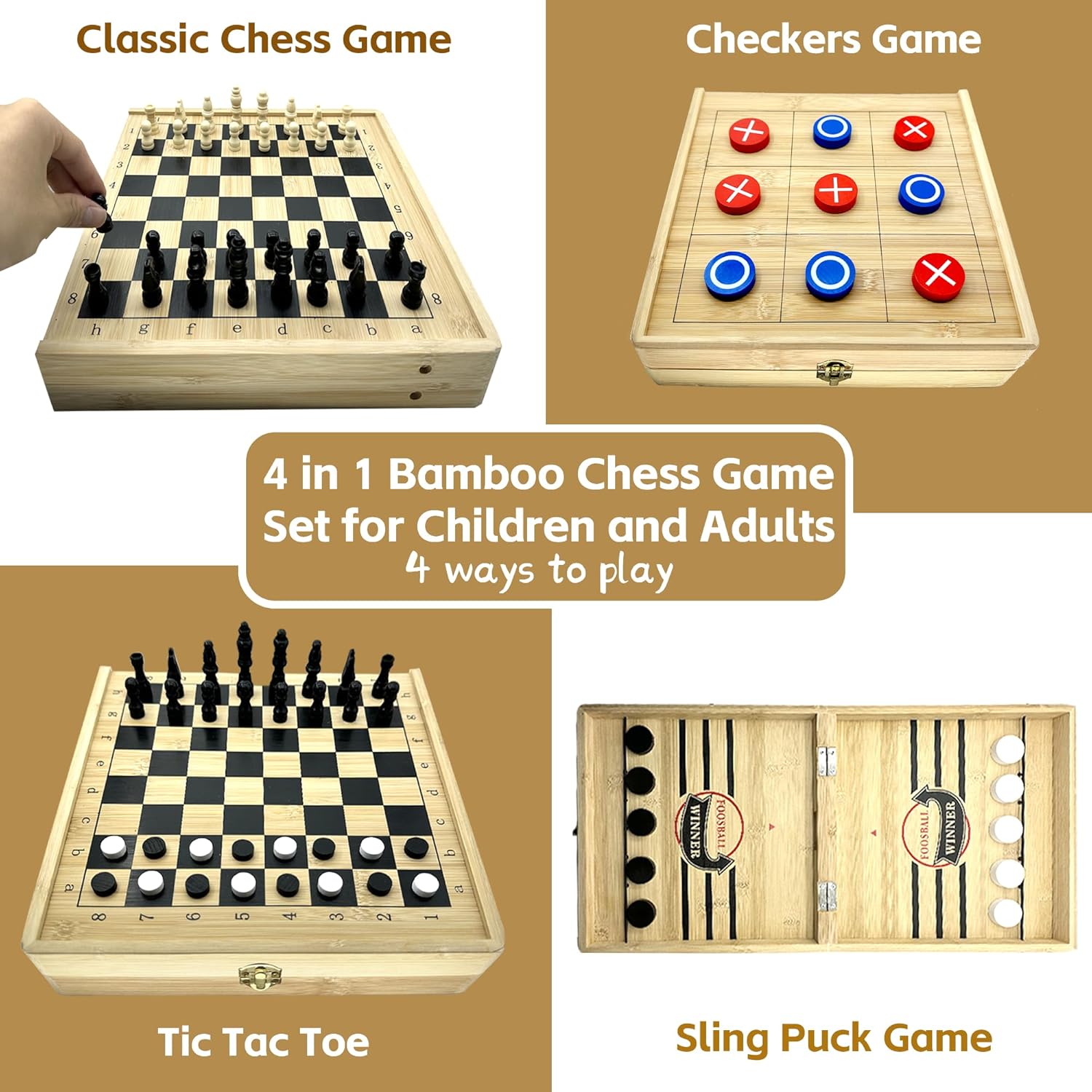 4-en-1 Material de bambú libre de contaminación Fast Sling Puck Set, ajedrez, damas, juegos de Tic Tac Toe, Juegos de mesa de ajedrez plegable