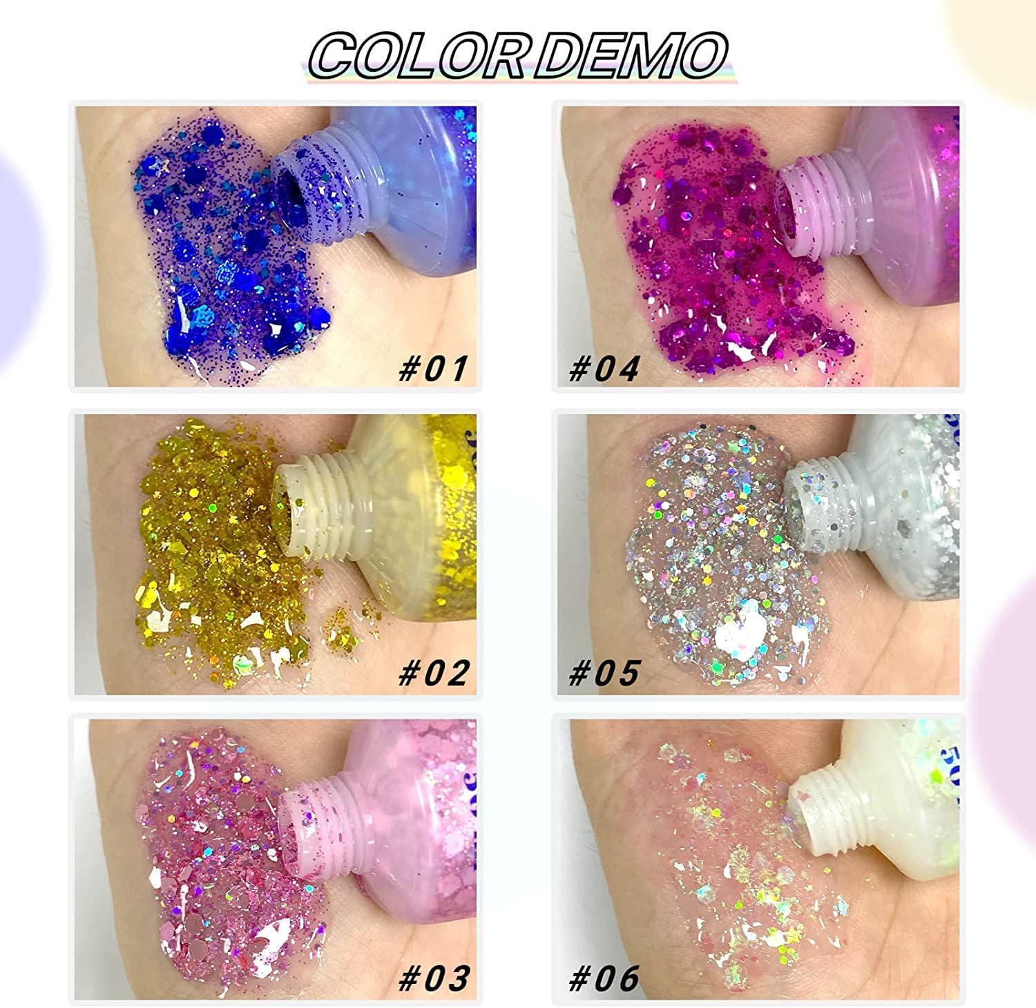 Brillantina facial de 3 colores, traje de neón brillante para cabello, cara y cuerpo con purpurina en gel resaltador (01-azul y 04-rosa y 06-blanco