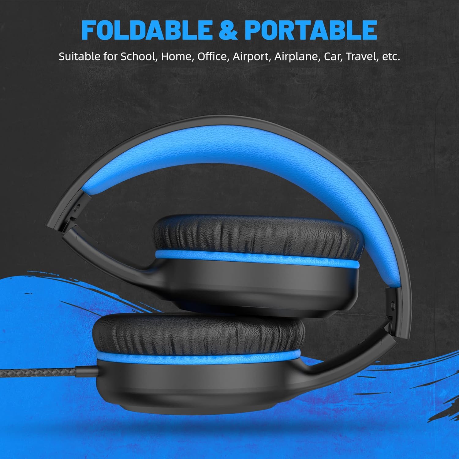 Auriculares azules con cable para niños, auriculares plegables con cable para jóvenes, estudiantes, niños, auriculares estéreo portátiles