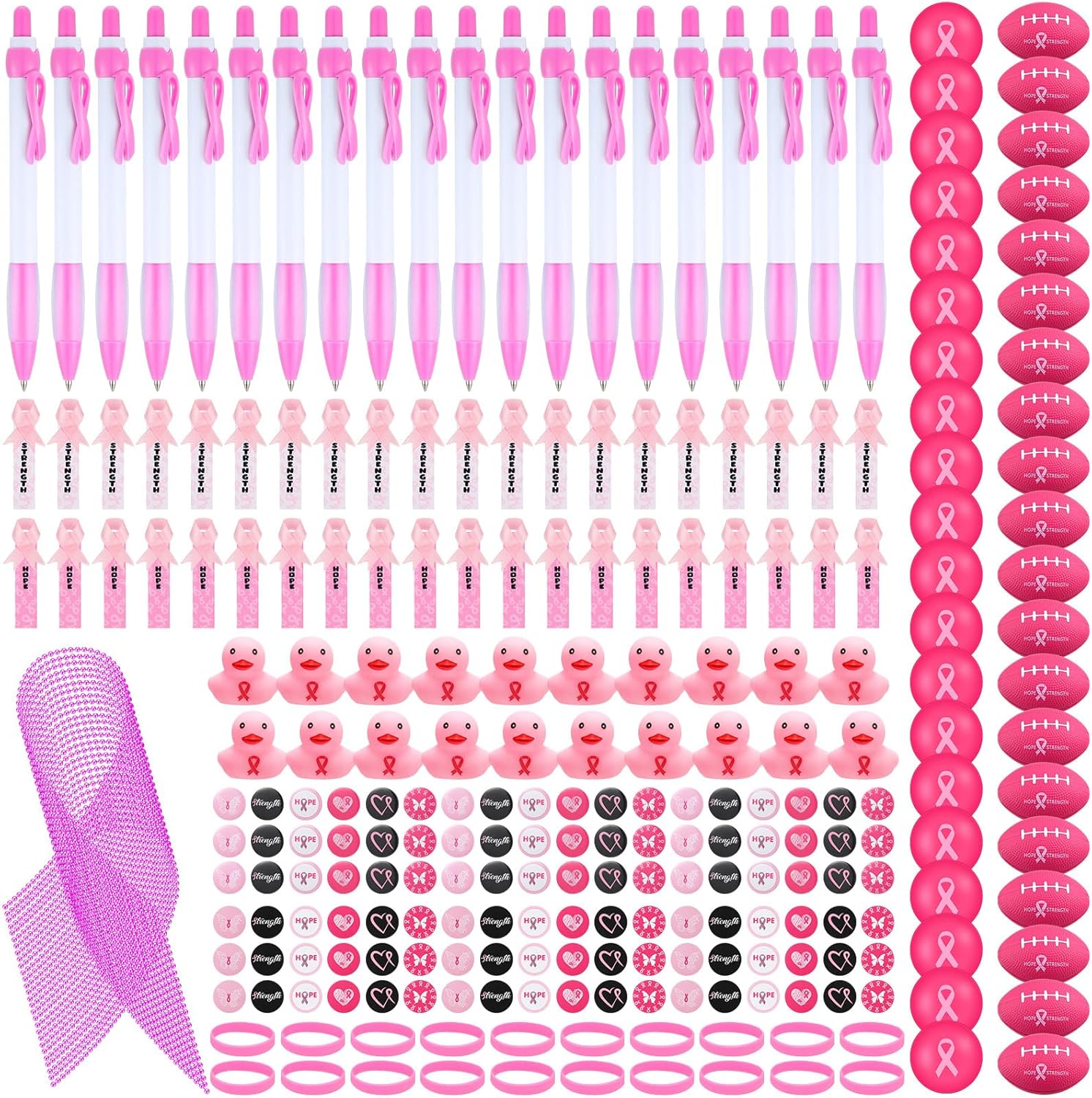 161 piezas de accesorios de concientización sobre el cáncer de mama, incluye cinta rosa, patos de goma, pulsera de silicona, pulsera de goma,