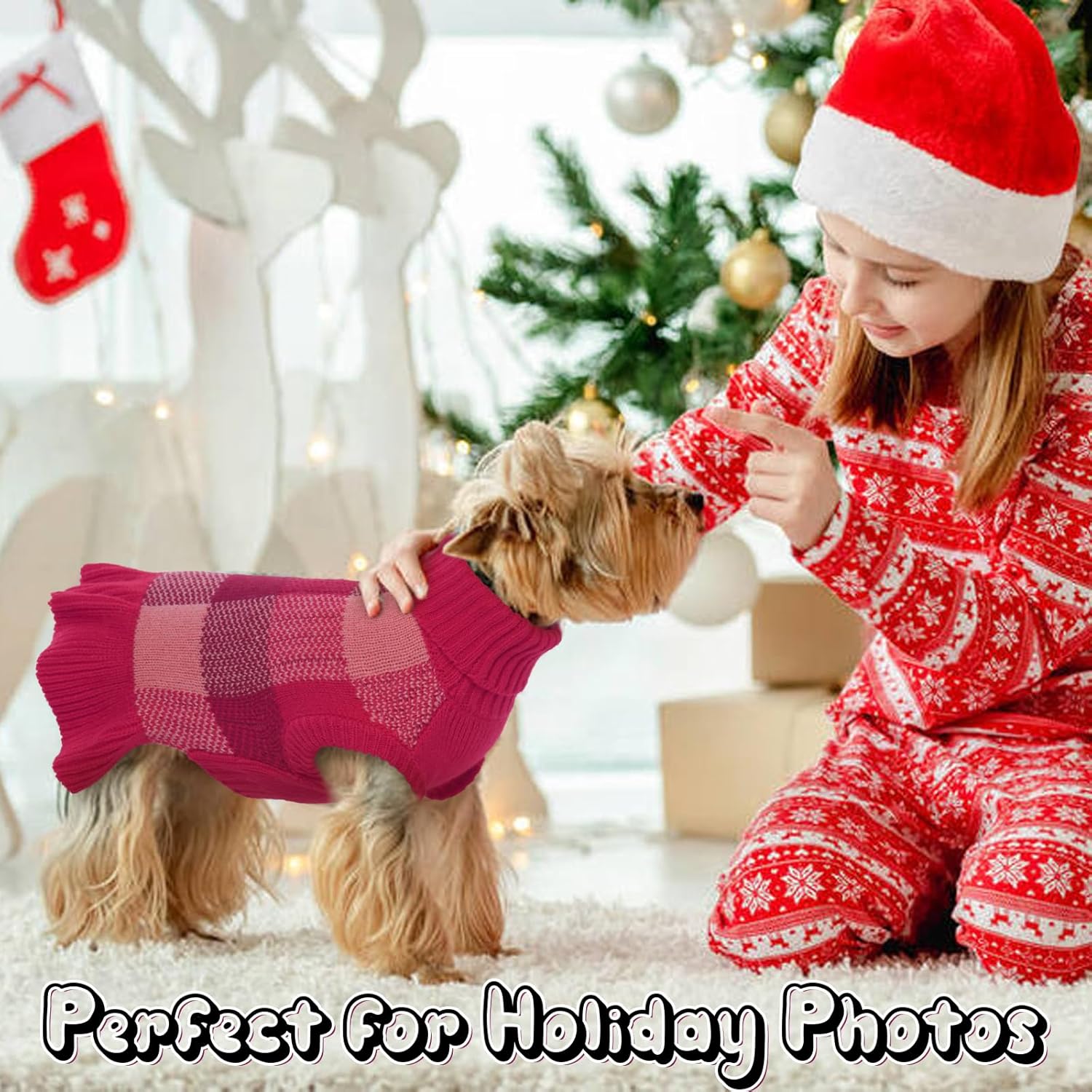 Lelepet Vestido suéter para perro, suéter para perros pequeños para niñas, suéteres de cuello alto para perros pequeños, suéter de Navidad para