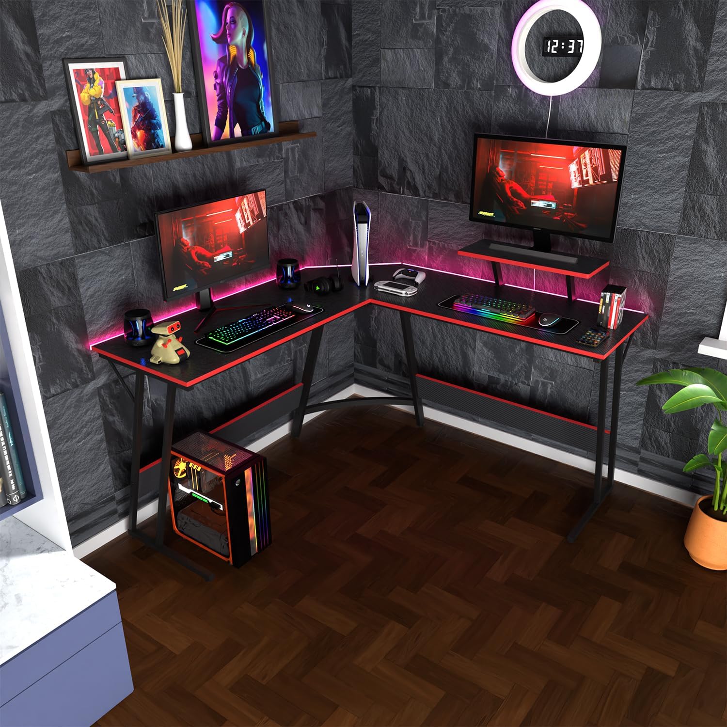 Escritorio para juegos en forma de L de 51 pulgadas, escritorio de computadora para dormitorio, escritorio negro en forma de L para juegos,