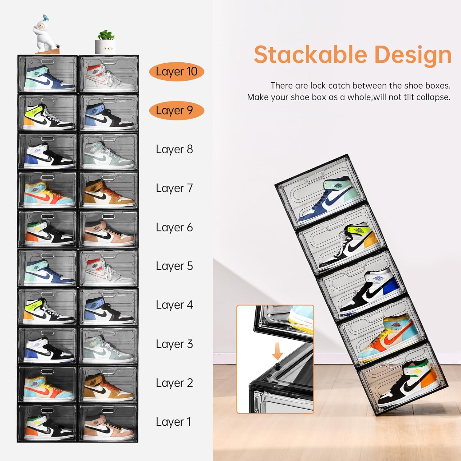 Paquete de 8 cajas de zapatos apilables color gris, organizador grande de almacenamiento de zapatos con tapas, contenedores laterales caídos para