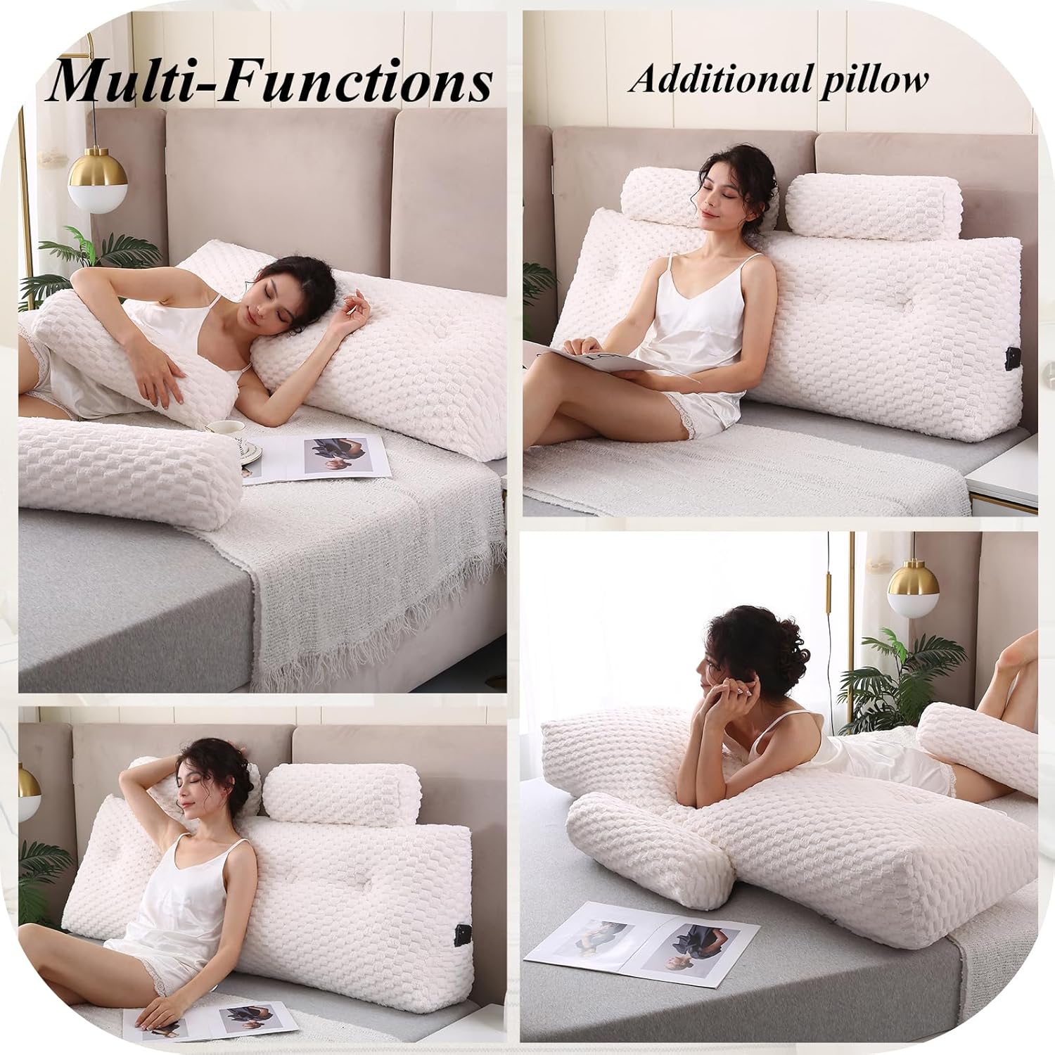 Almohadas de cuña para cabecero + 2 almohadas enrollables para cabecero, cojín grande para reposo en cama, almohadas de lectura, almohadas de