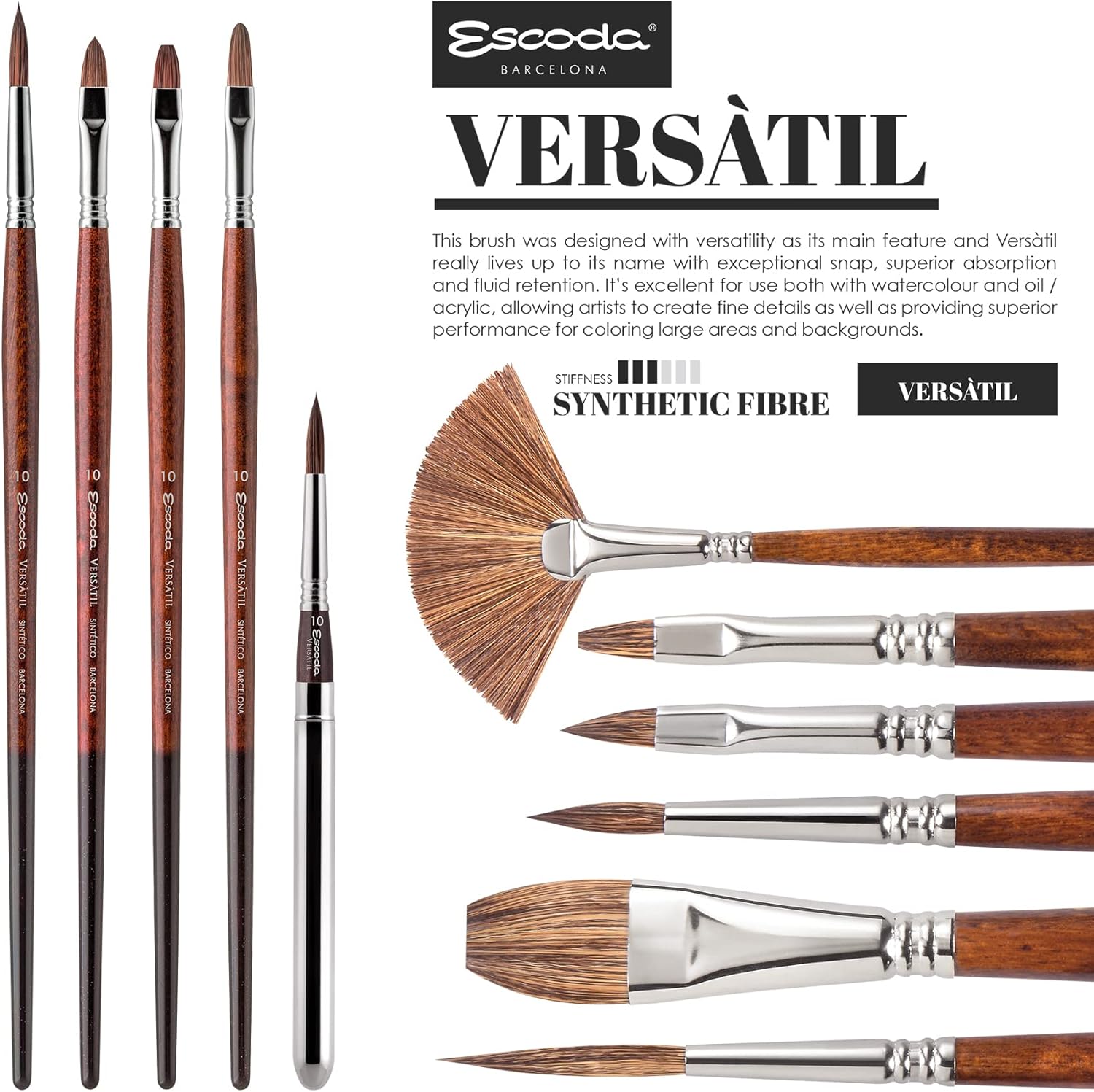Escoda Versatil 3042 Series Artist – Pincel para pintura al óleo y acrílico, sintético Kolinsky, mango largo, brillante, tamaño 0