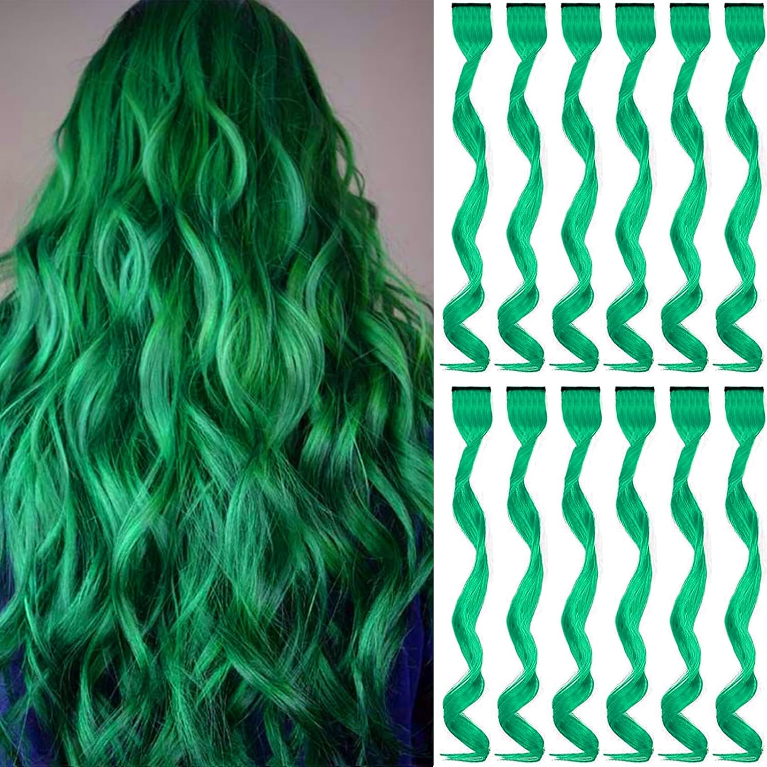 12 extensiones de cabello verde con clip, extensiones rizadas y onduladas de color para niños y niñas, extensiones sintéticas con reflejos para