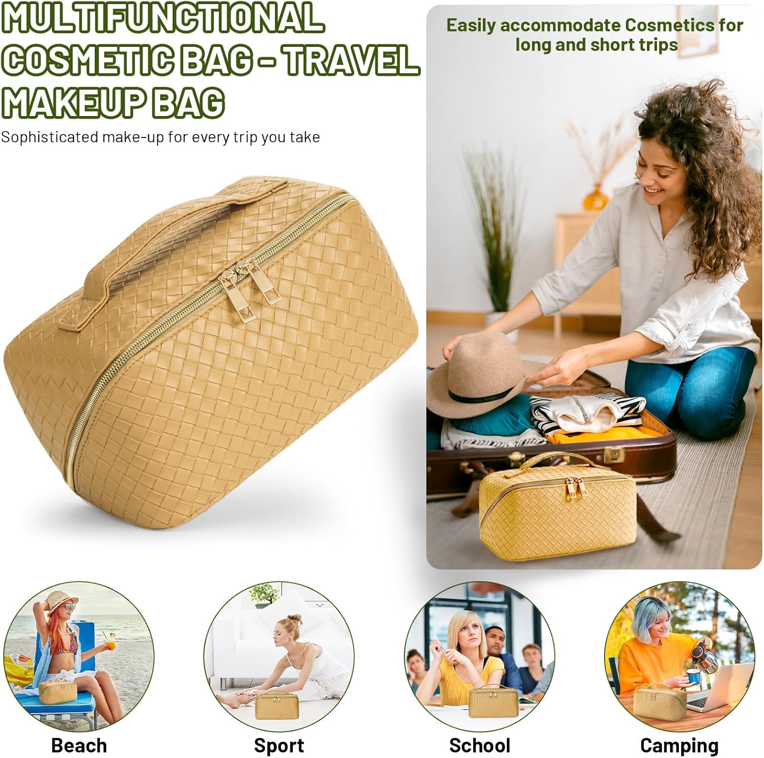VVABELLI Bolsa de maquillaje  Bolsa de cosméticos de viaje de gran capacidad, portátil de cuero impermeable, bolsa de maquillaje de viaje para