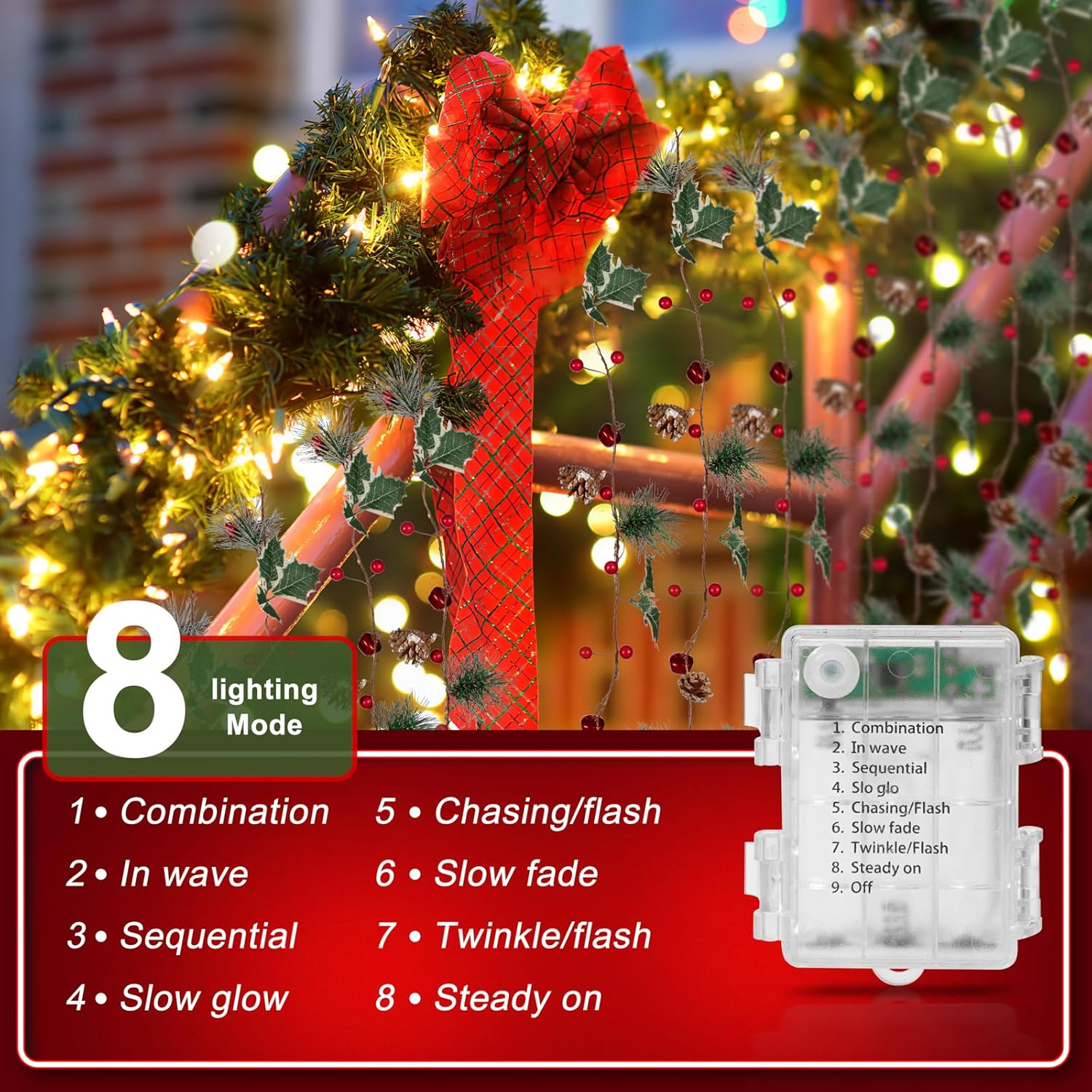 Guirnalda de luces de Navidad de 6 pies con 20 luces LED de conos de pino de bayas rojas, guirnalda de luces LED para decoración del hogar de Navidad