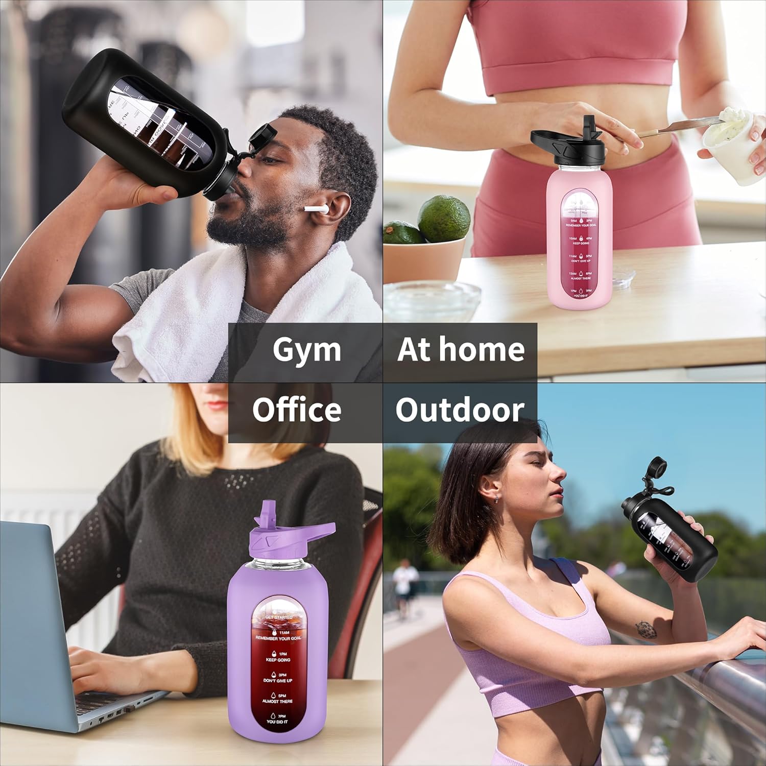 CIVAGO Botella de agua de vidrio de 64 onzas con popote y asa, botella de agua motivacional deportiva de medio galón con marcador de tiempo, botella