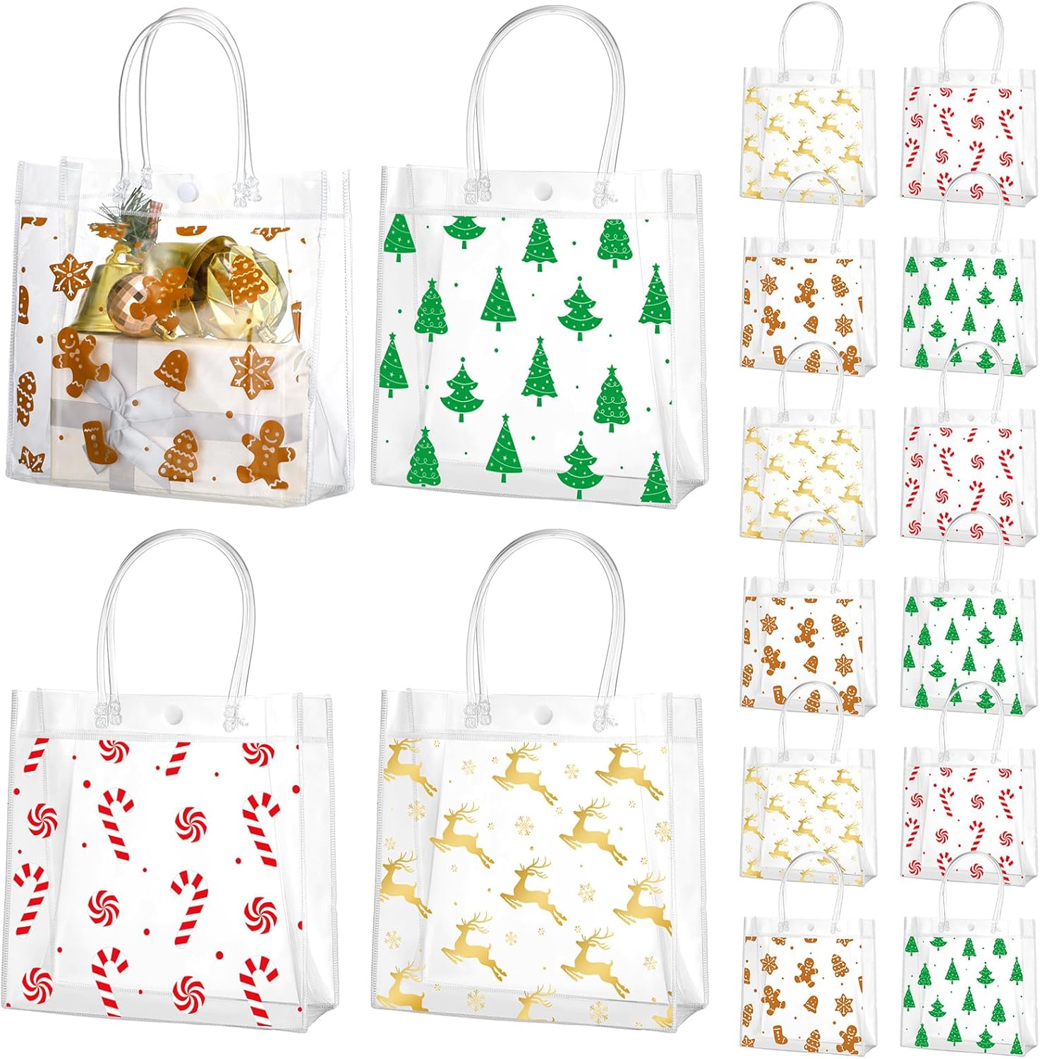 Zhanmai 24 bolsas de regalo de plástico transparente de Navidad con asa, bolsas reutilizables para envolver regalo, árbol de Navidad, pan de
