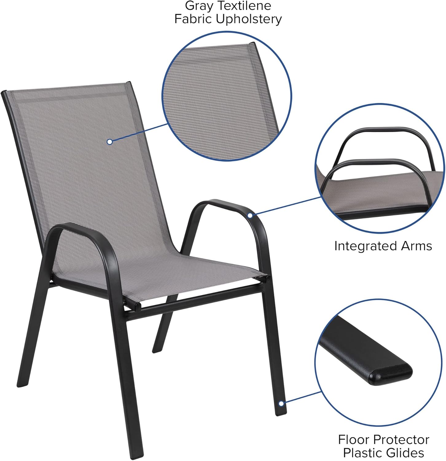 Flash Furniture 2 sillas apilables Flex Comfort, mesa redonda de vidrio templado de 23.75 pulgadas, color gris