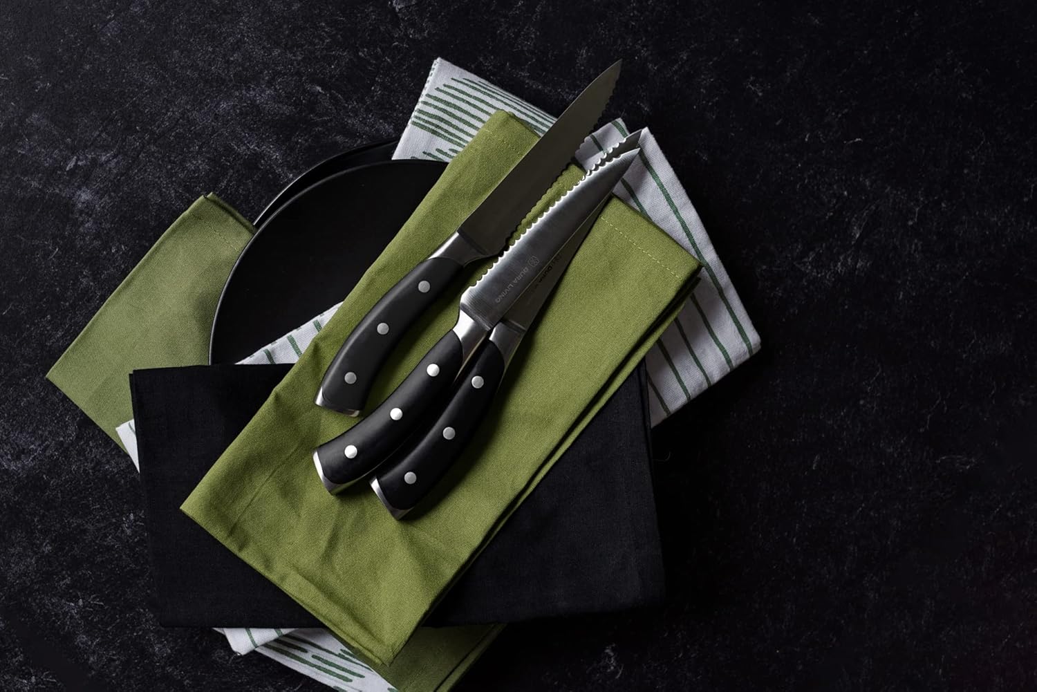 DURA LIVING Elite – Juego de 4 cuchillos para carne, acero alemán forjado con mango ergonómico, juego de cuchillos de carne dentados de alta calidad