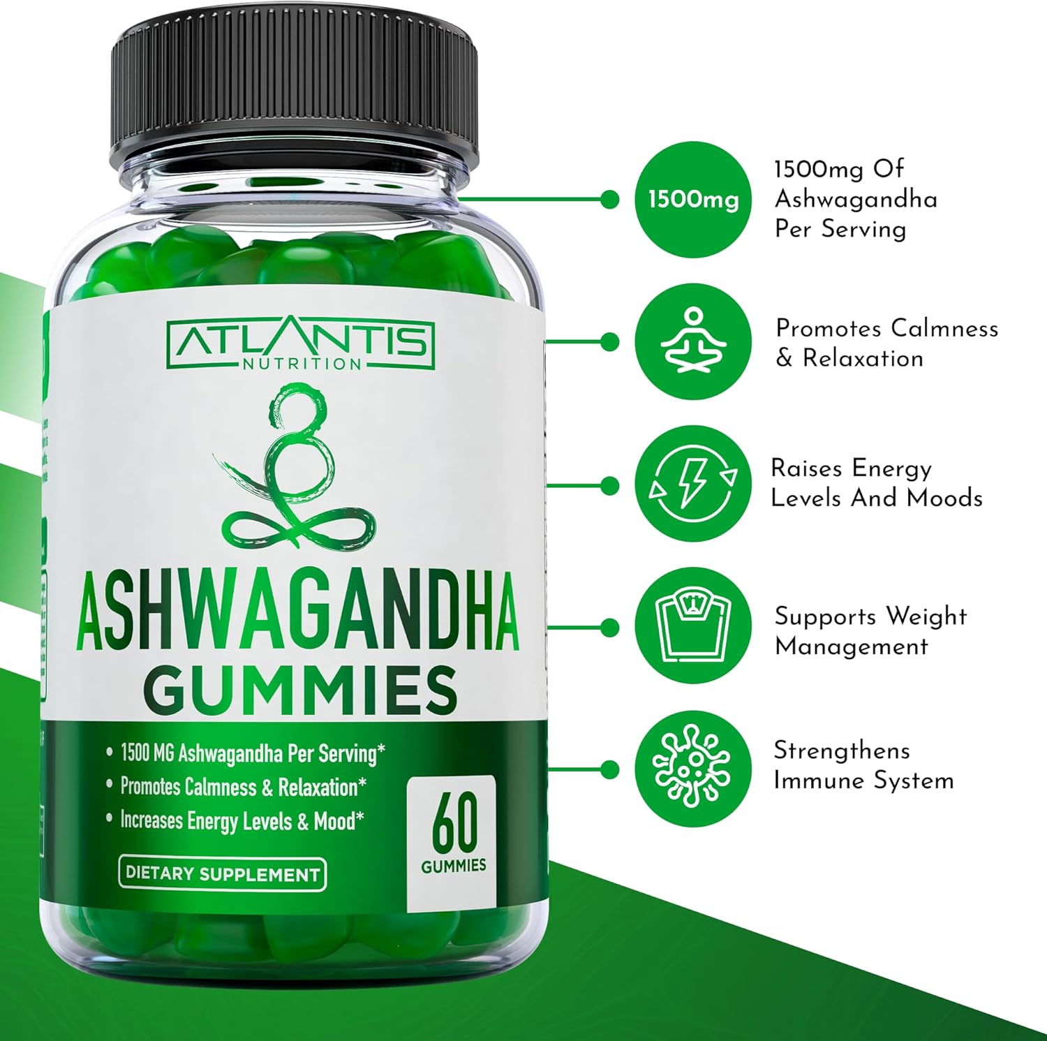Atlantis Nutrition Paquete de 2 potenciadores de testosterona (120 gomitas) + Ashwagandha 60 gomitas