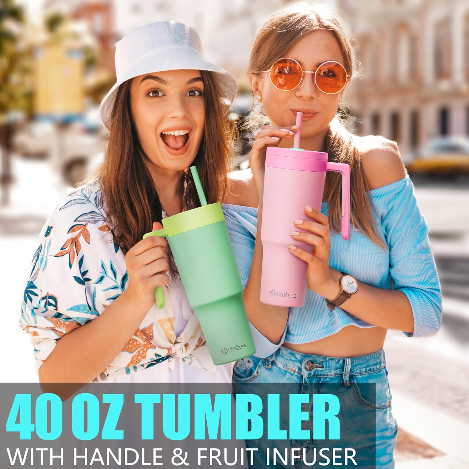 Fimibuke Vaso de 40 onzas con asa e infusor de frutas, taza aislada al vacío de acero inoxidable con tapa y pajilla, botella de infusión de agua,