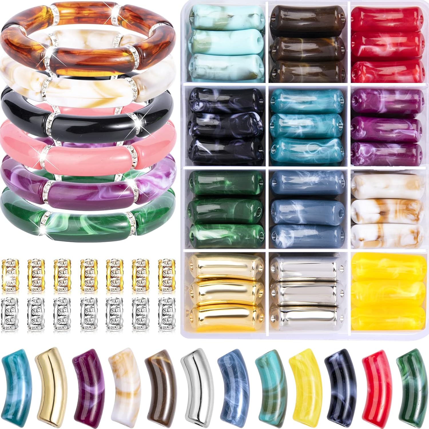 72 cuentas de tubo grueso de acrílico para hacer pulseras, 12 colores, cuentas de tubo de bambú curvadas, cuentas de fideos gruesos y cuerdas