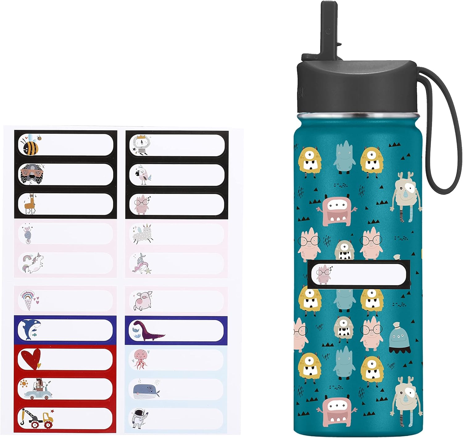 IRON FLASK Botella de agua para niños, tapa con pajilla, 20 calcomanías con nombre, acero inoxidable aislado al vacío, vaso de doble pared, taza de