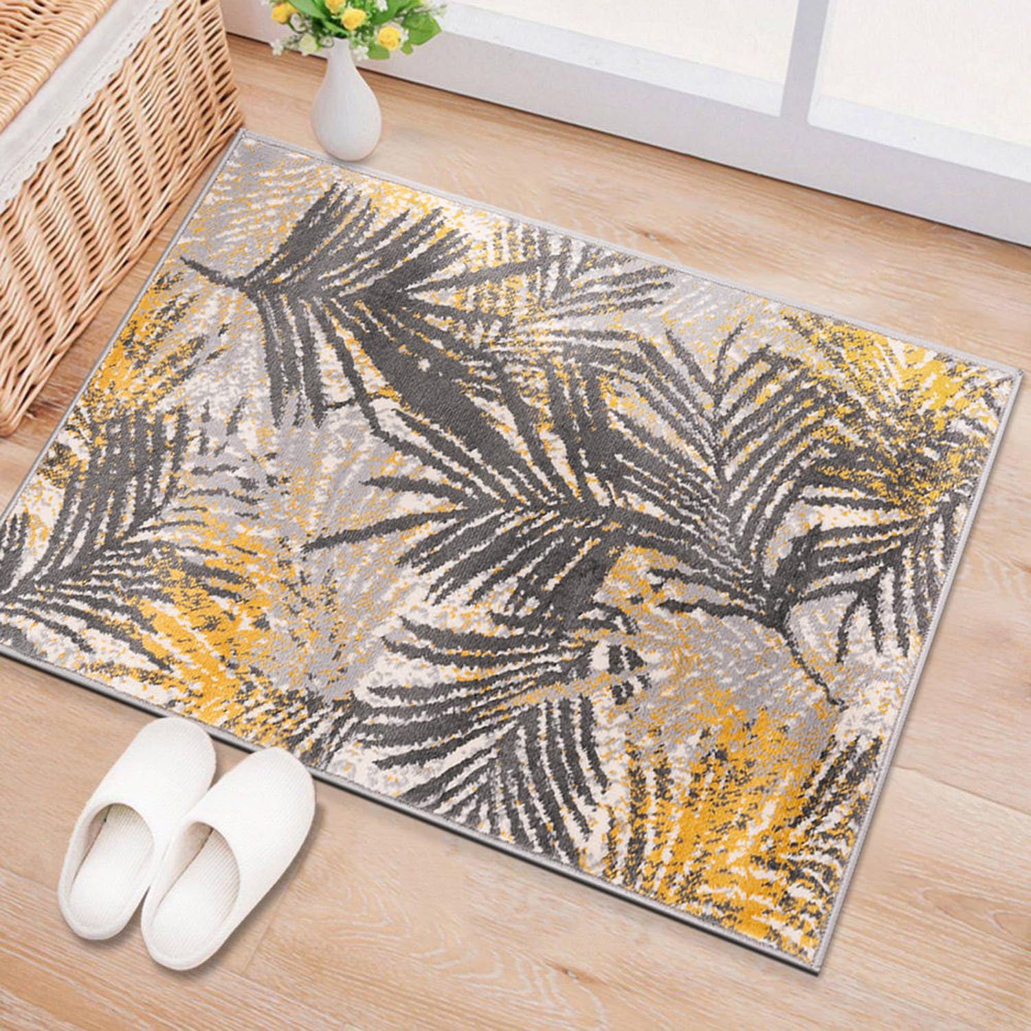 Rugshop Edinburgh – Alfombra suave resistente a las manchas, diseño de hojas florales, 2 x 3 pies, color amarillo
