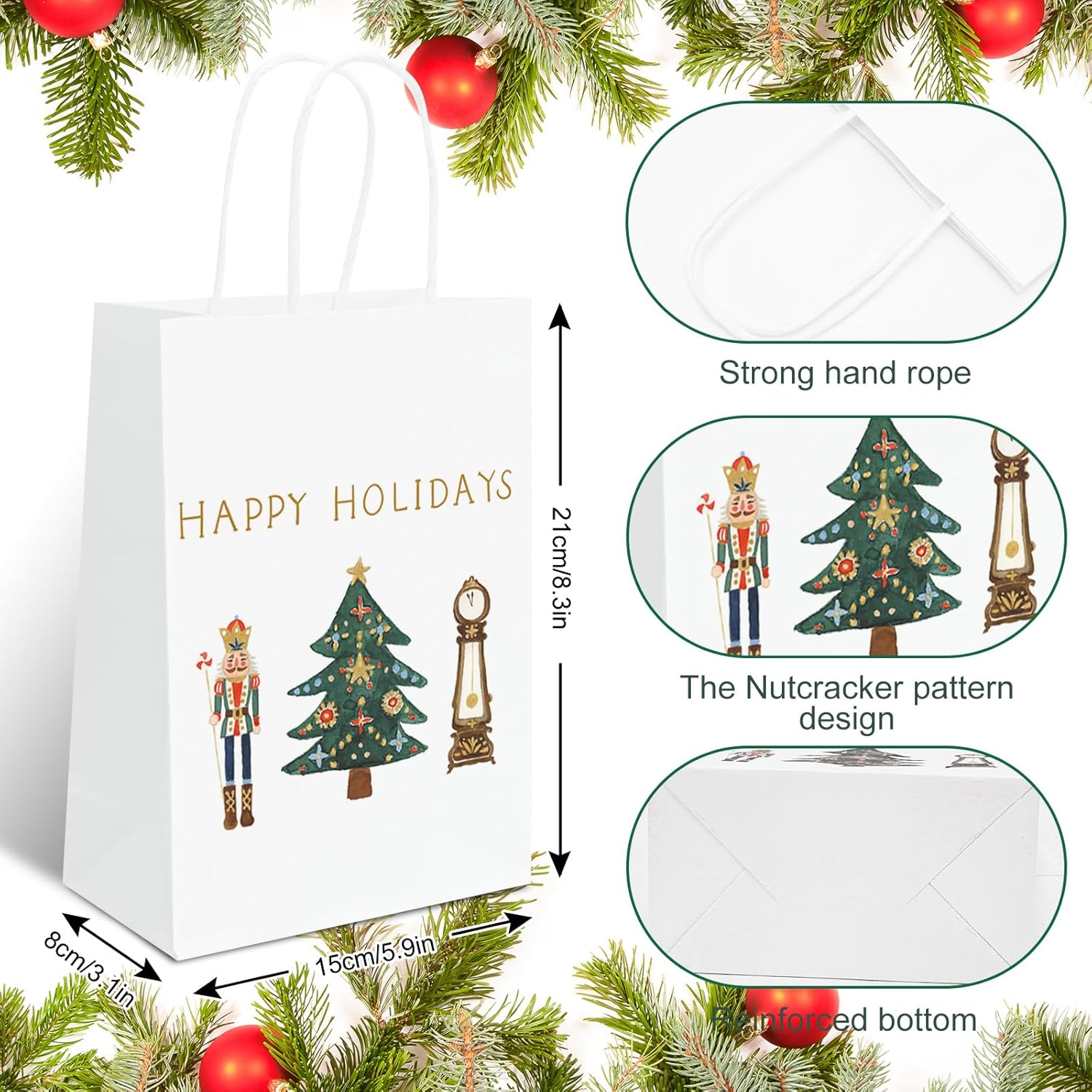 AnyDesign 18 bolsas de regalo de cascanueces con asa, bolsas de papel de cascanueces de acuarela, bolsas de regalo de Navidad, bolsas de regalo de