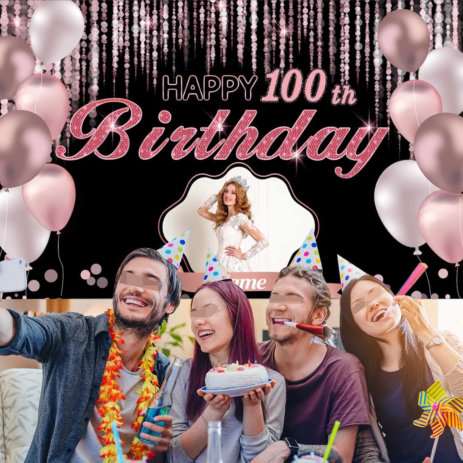 Cartel de decoración de feliz cumpleaños número 100 de oro rosa, tamaño grande, personalización con nombre y foto compatible