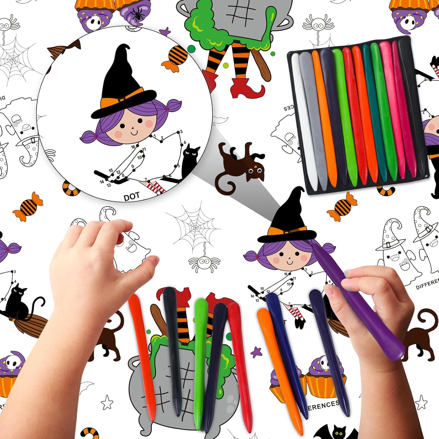Faccito Mantel gigante de Halloween para colorear de 108 x 54 pulgadas, cubierta de mesa de papel de Halloween con 24 crayones de colores, póster