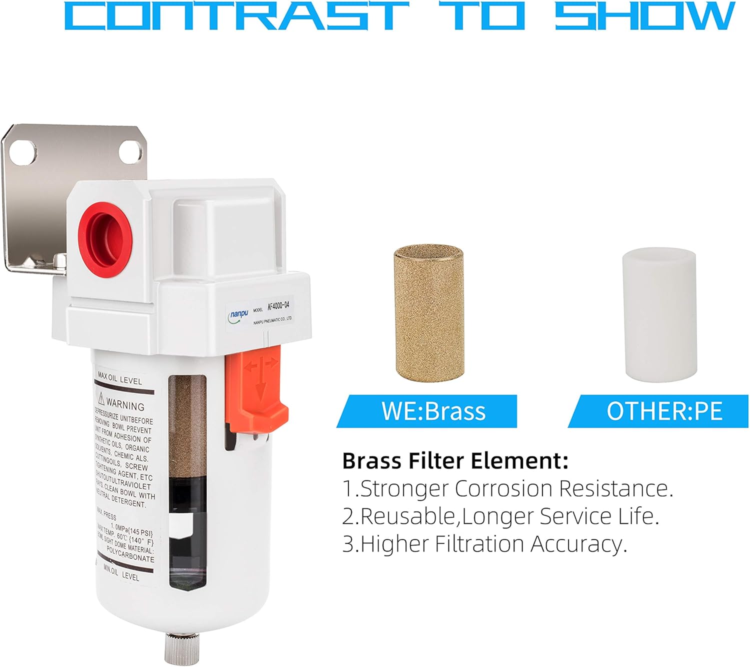 NANPU Filtro de línea de aire comprimido NPT de 12″, elemento de latón de 5 micrones, soporte, cuenco de polietileno, 145 psi