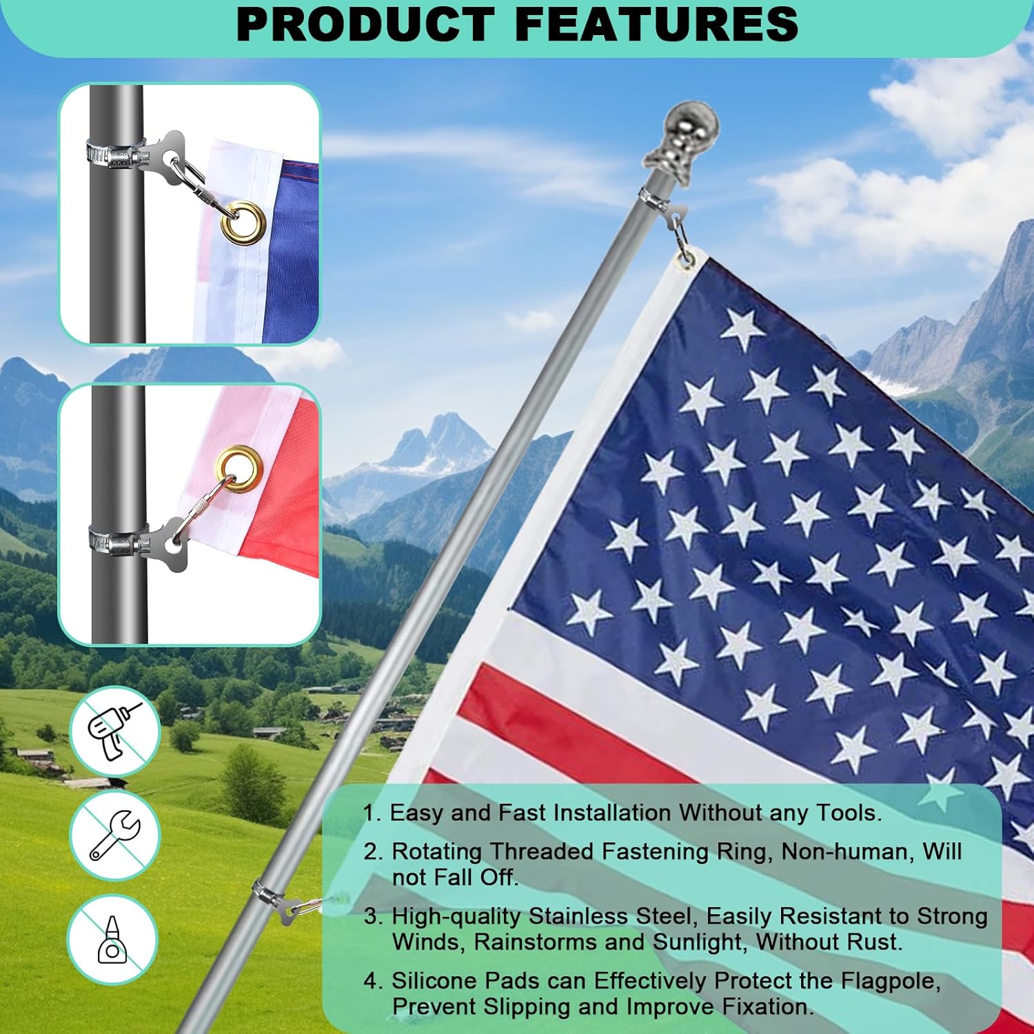 Paquete de 4 anillos para asta de bandera, clips de acero inoxidable mejorados, clips de bandera con mosquetón para asta de bandera de 0.7 a 1.2