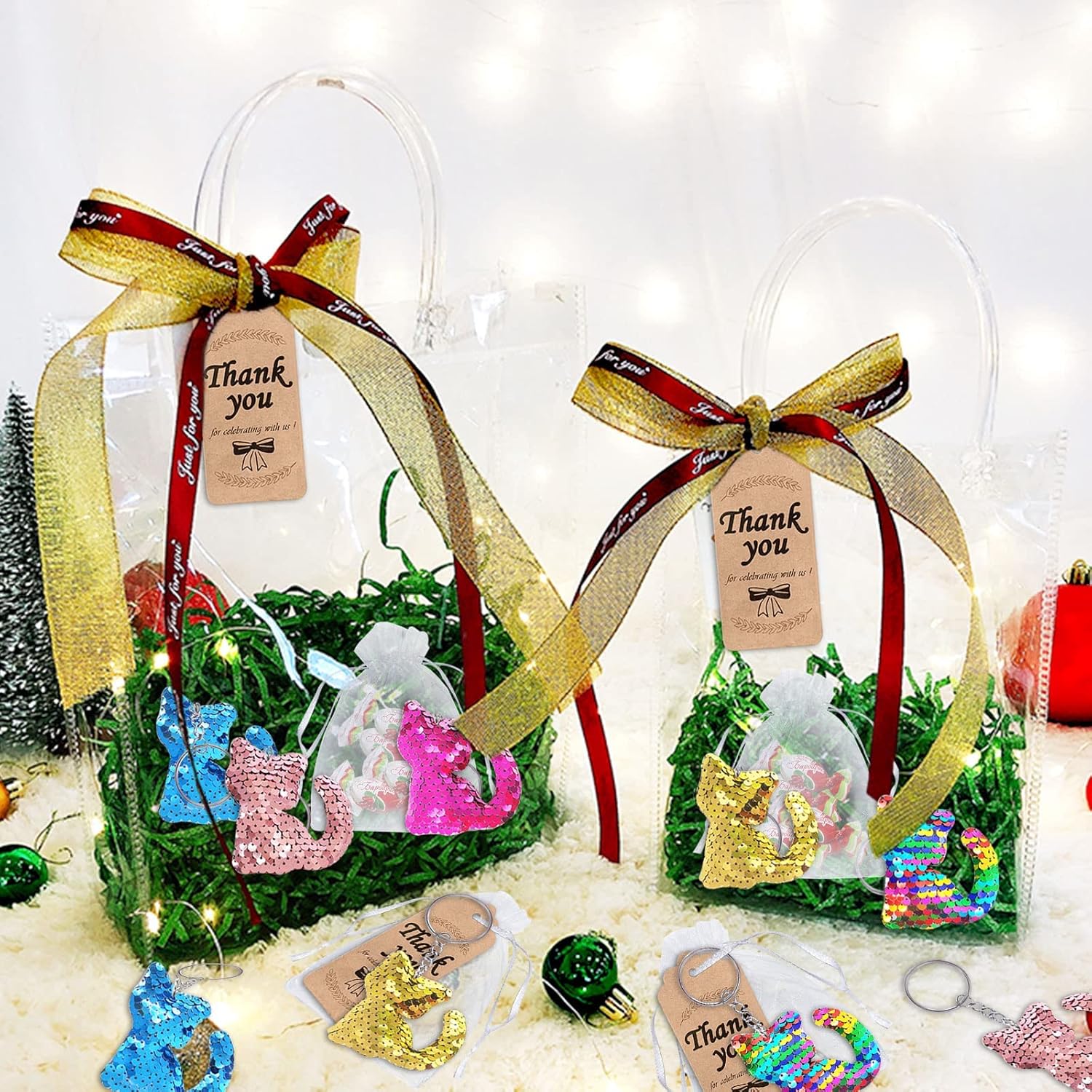 CiciBear Juego de 60 llaveros de lentejuelas con 20 llaveros de gato, 20 etiquetas de agradecimiento y 20 bolsas de regalo para recuerdos de fiesta