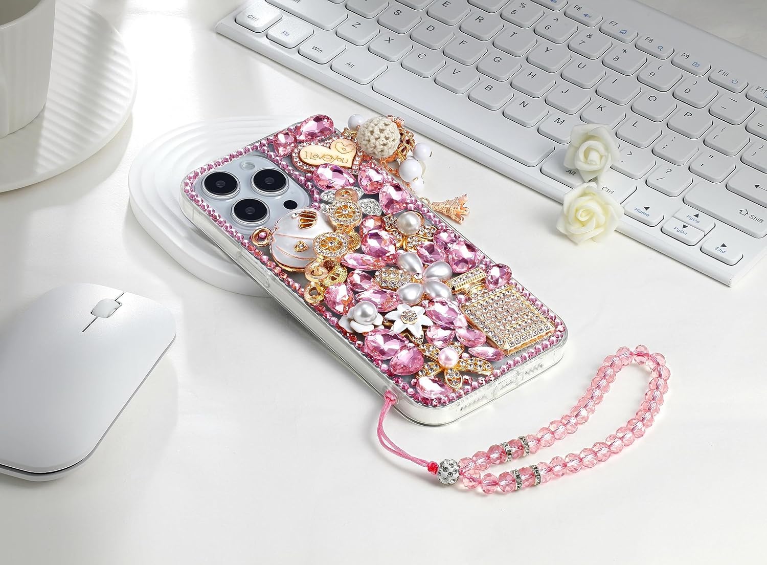 Threesee Funda para iPhone 15 Plus, con diamantes de imitación de lujo, para mujeres y niñas, niños, con colgante de calabaza para iPhone 15 Plus de