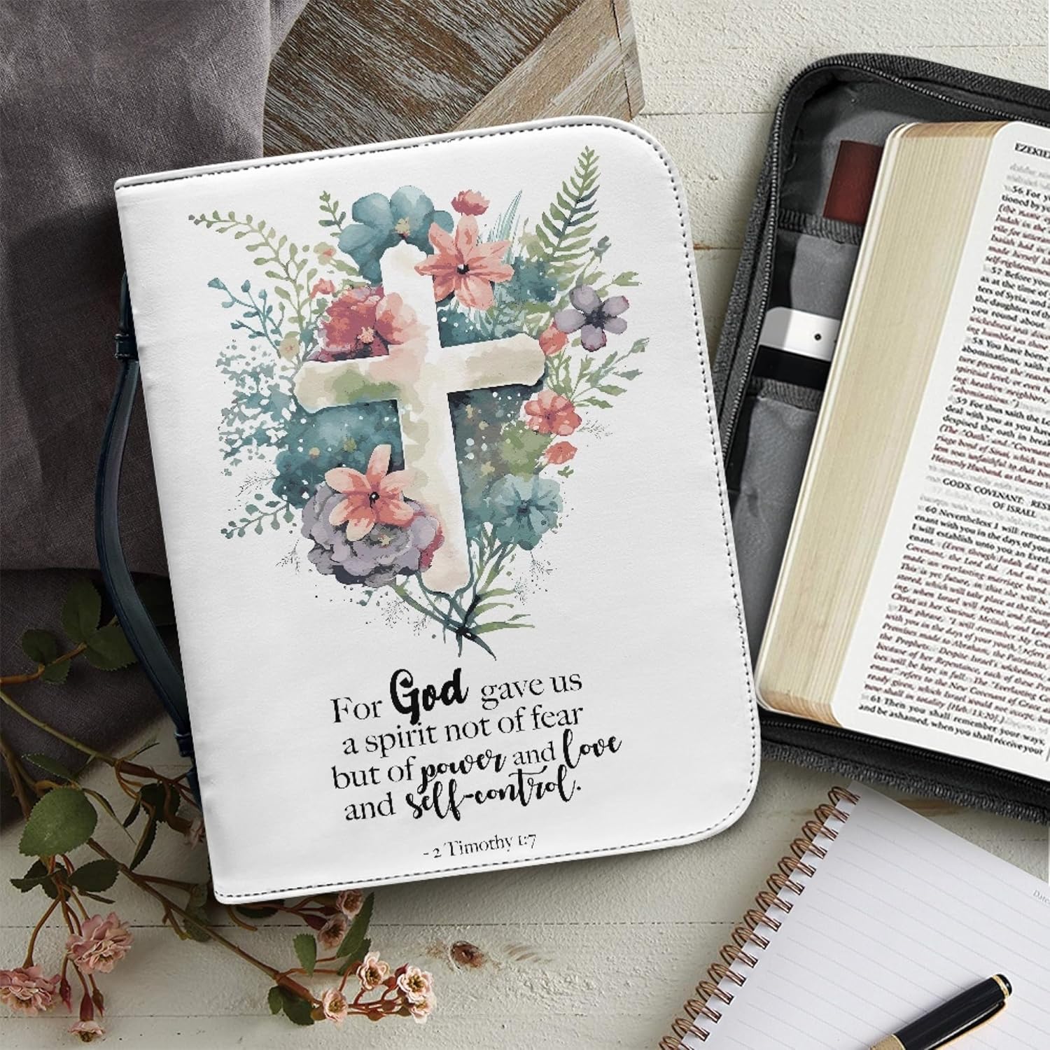 Vodetik Funda de Biblia cruzada con versículo floral para mujeres y niñas, tamaño extra grande con asa y cremallera, estuche de transporte de