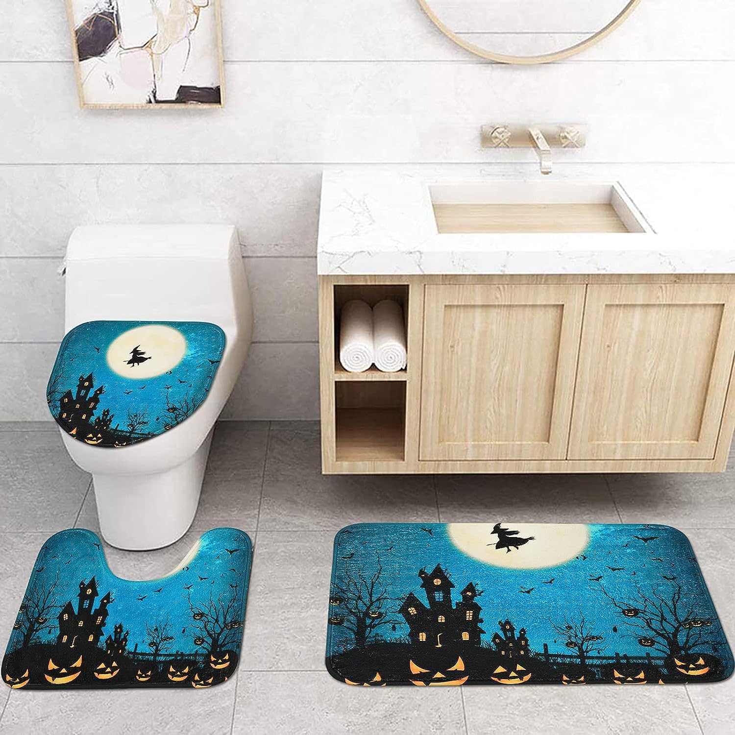 Ikfashoni Juego de 4 cortinas de ducha de Halloween con alfombras antideslizantes, cubierta para tapa de inodoro y tapete de baño, cortina de ducha